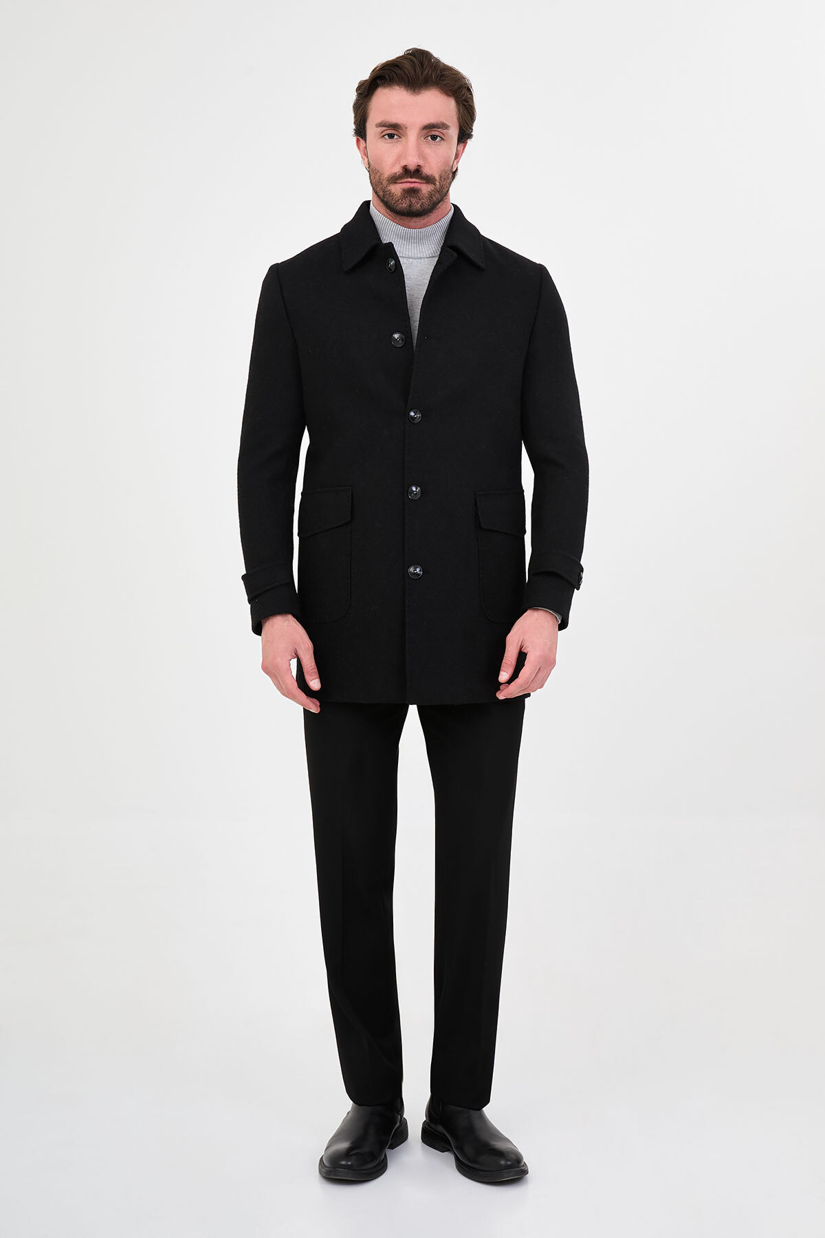 Dokulu Slim Fit Gömlek Yaka Düğmeli Torba Cepli Yün Erkek Kaban Siyah - 21343.26K — رنگارنگ — تصویر 4 از 7