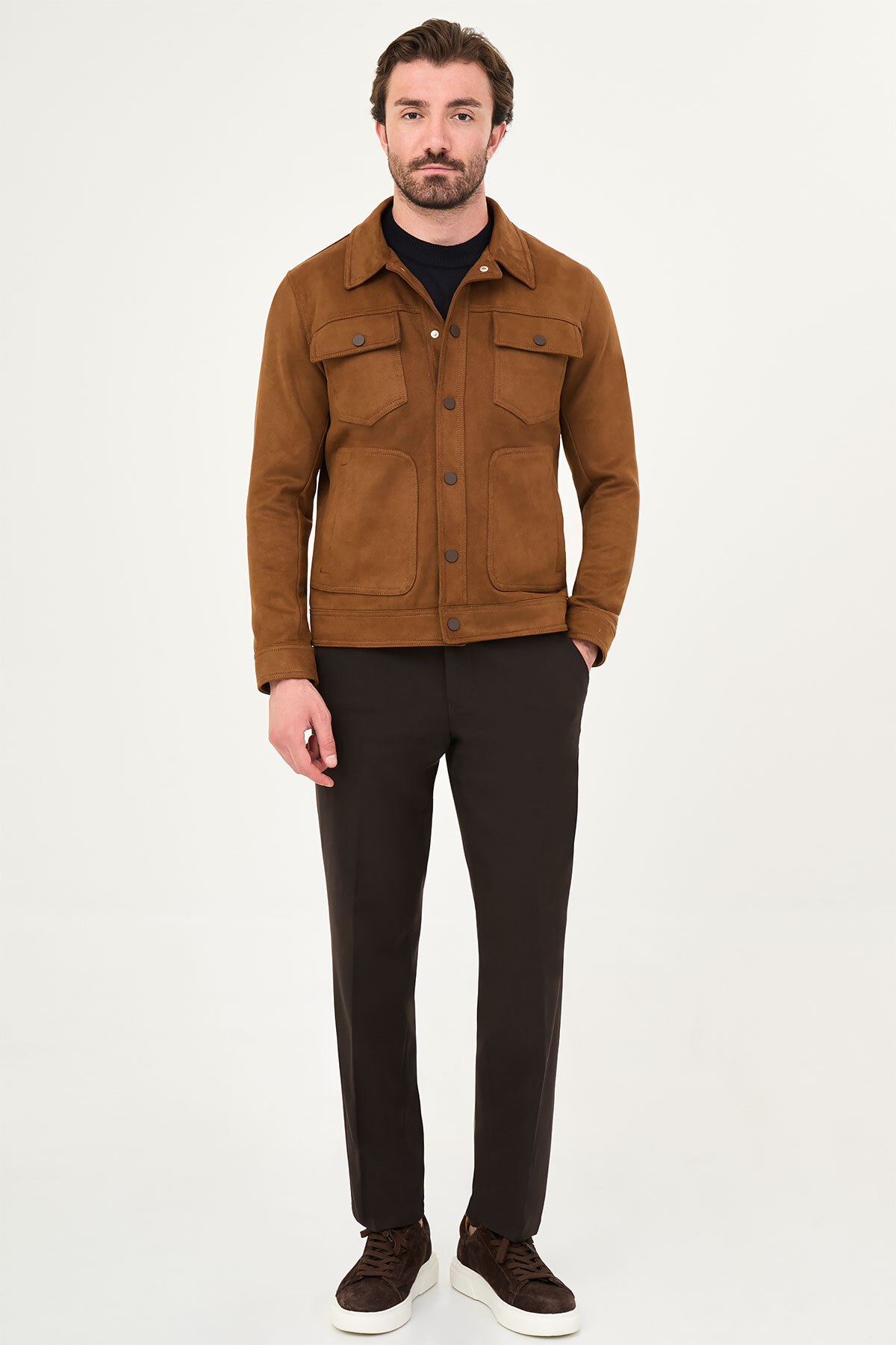 Düz Slim Fit Gömlek Yaka Çıtçıtlı Süet Erkek Mont Kamel - 39681.26K — رنگارنگ — تصویر 4 از 7