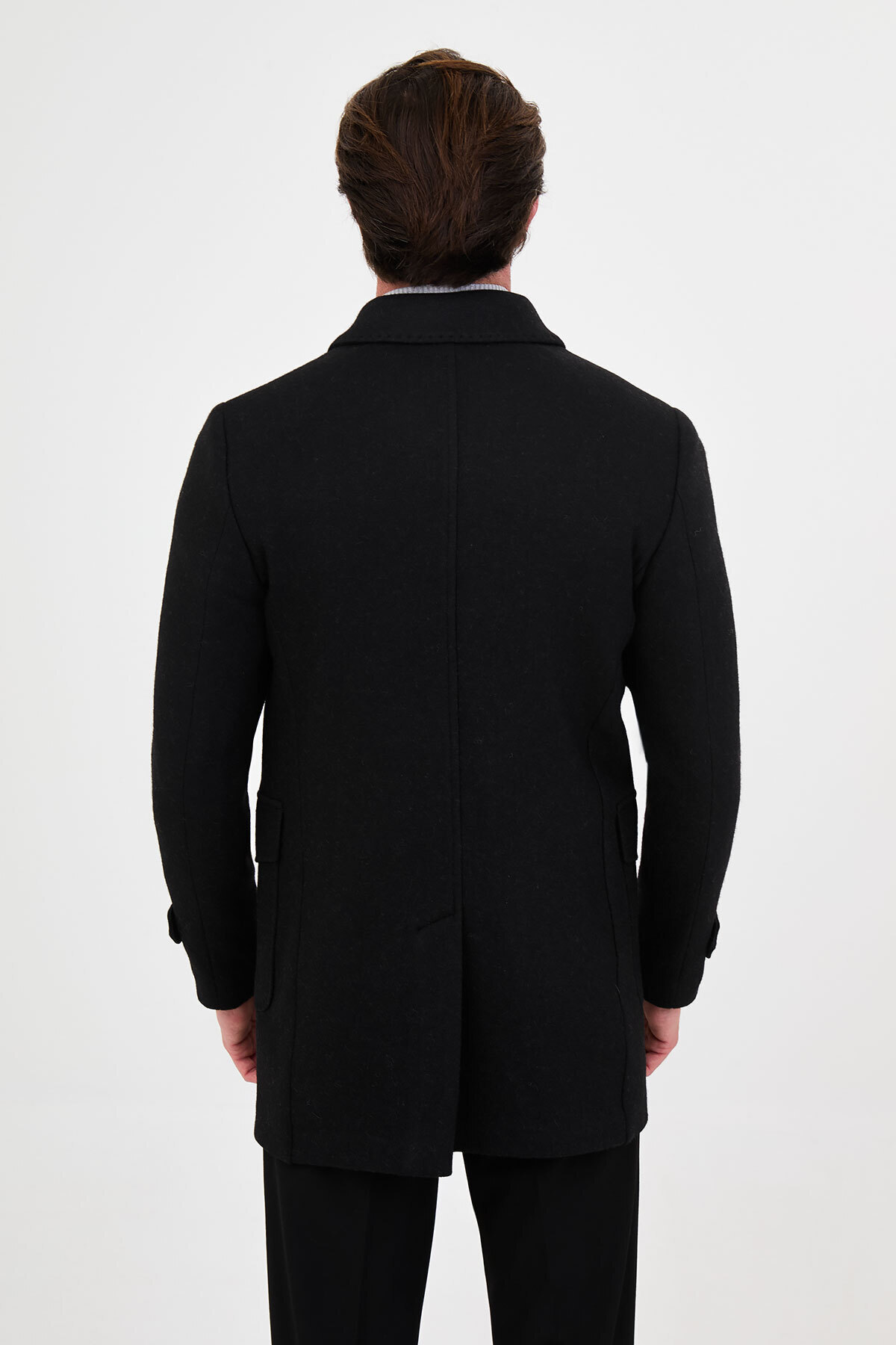 Dokulu Slim Fit Gömlek Yaka Düğmeli Torba Cepli Yün Erkek Kaban Siyah - 21343.26K — رنگارنگ — تصویر 5 از 7