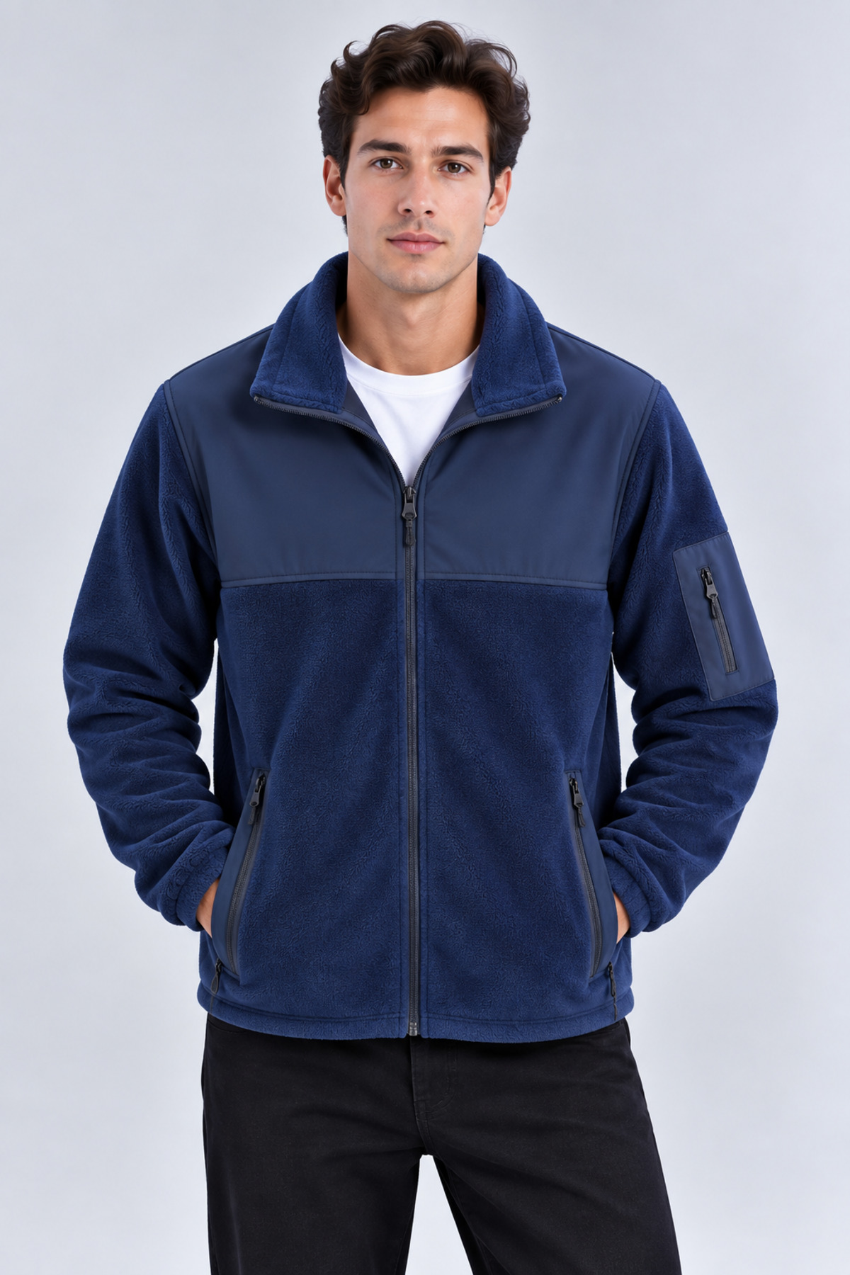 Erkek Softshell Polar Ceket Su Geçirmez Tam Fermuarlı Rahat Günlük Kullanım — سرمه‌ای PR26-SFP-Q8V3N