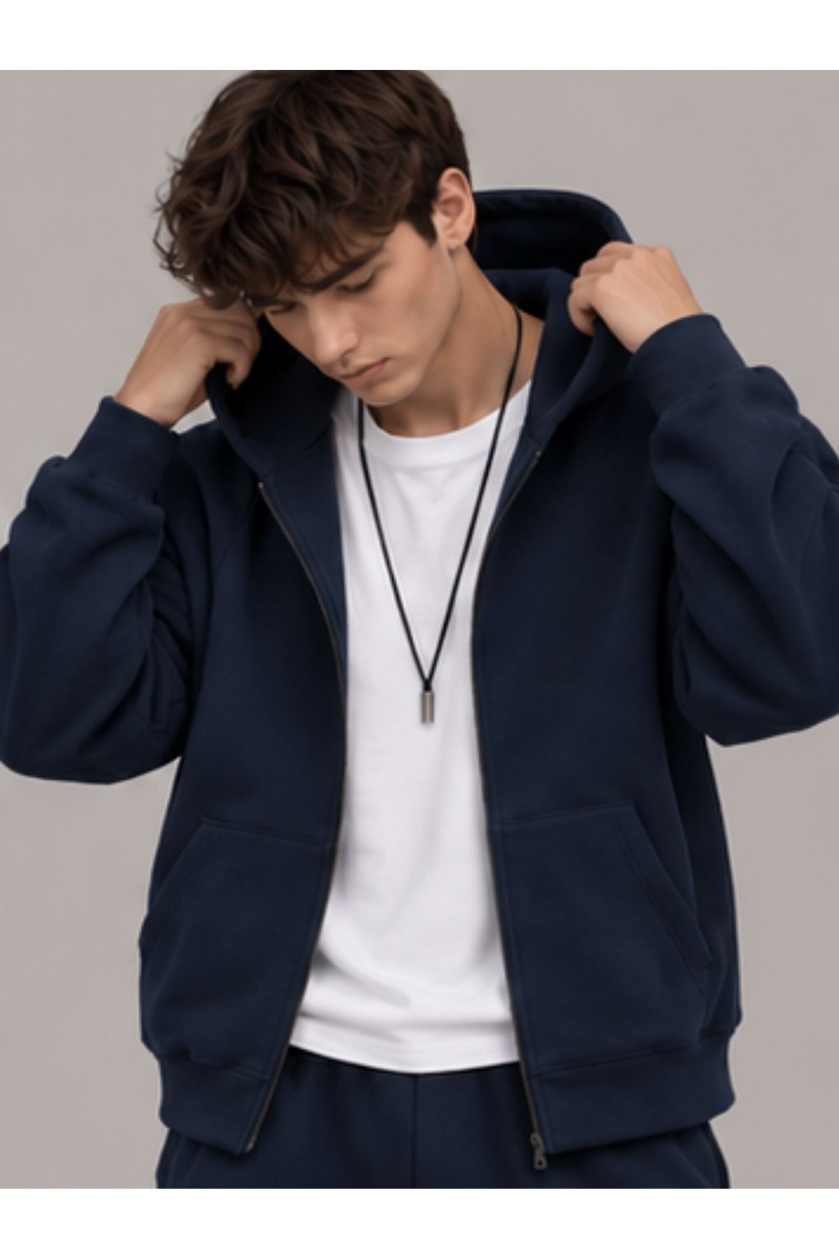 Erkek Lacivert Kapüşonlu Fermuarlı Oversize Sweatshirt Kışlık Okul Hırkası Şardonlu Baskılı — سرمه‌ای DEEPHIRKA
