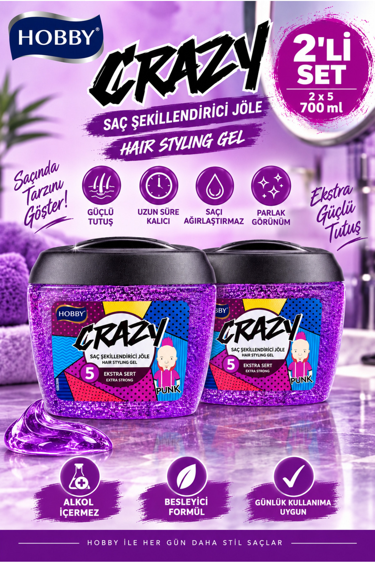 Hobby Saç Jölesi Crazy Extra Sert Tutuş 700 ml 2 Adet — NCF--EkstraSert2