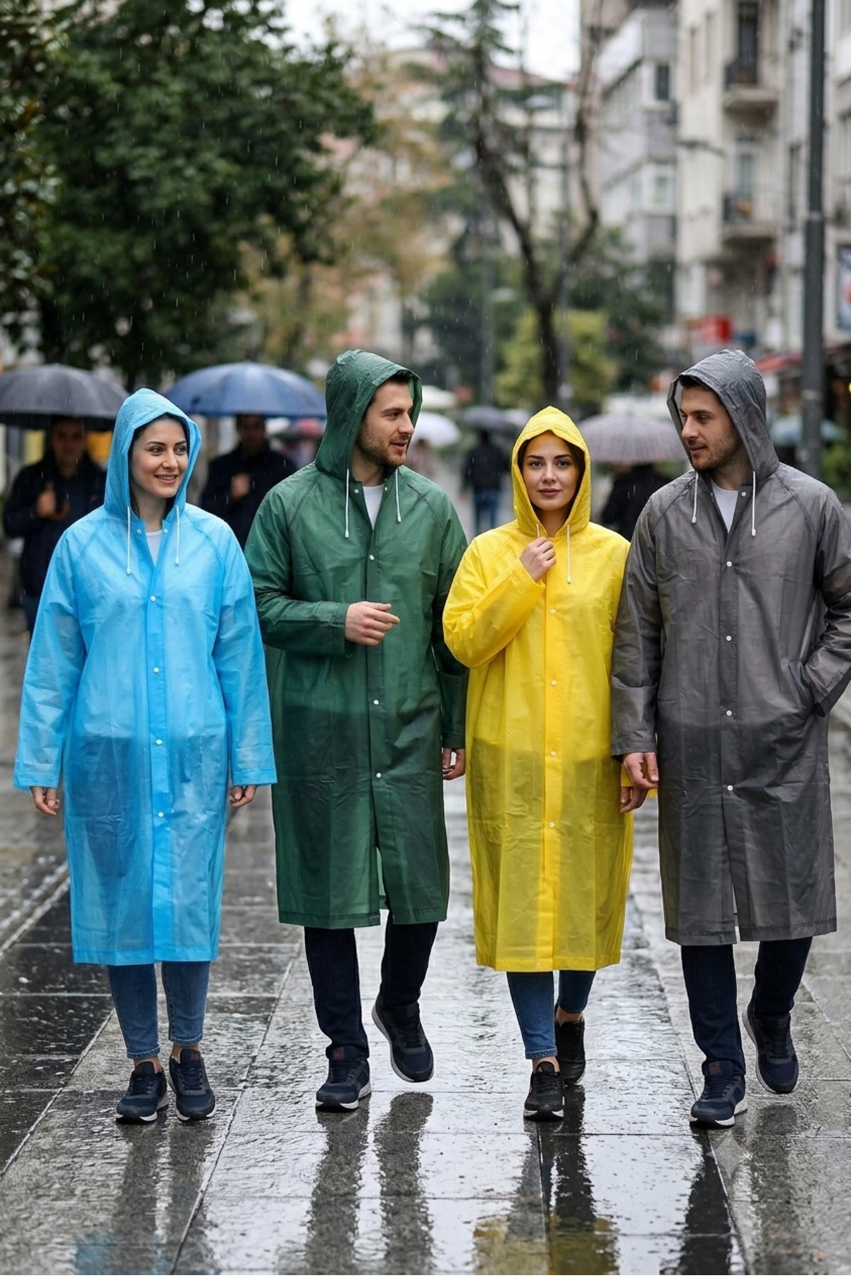 Kadın Erkek Yağmurluk Kapüşonlu Çıtçıtlı Eva Su Rüzgar Geçirmez Yağmurluk — خاکستری YMR-0001 — تصویر 2 از 2