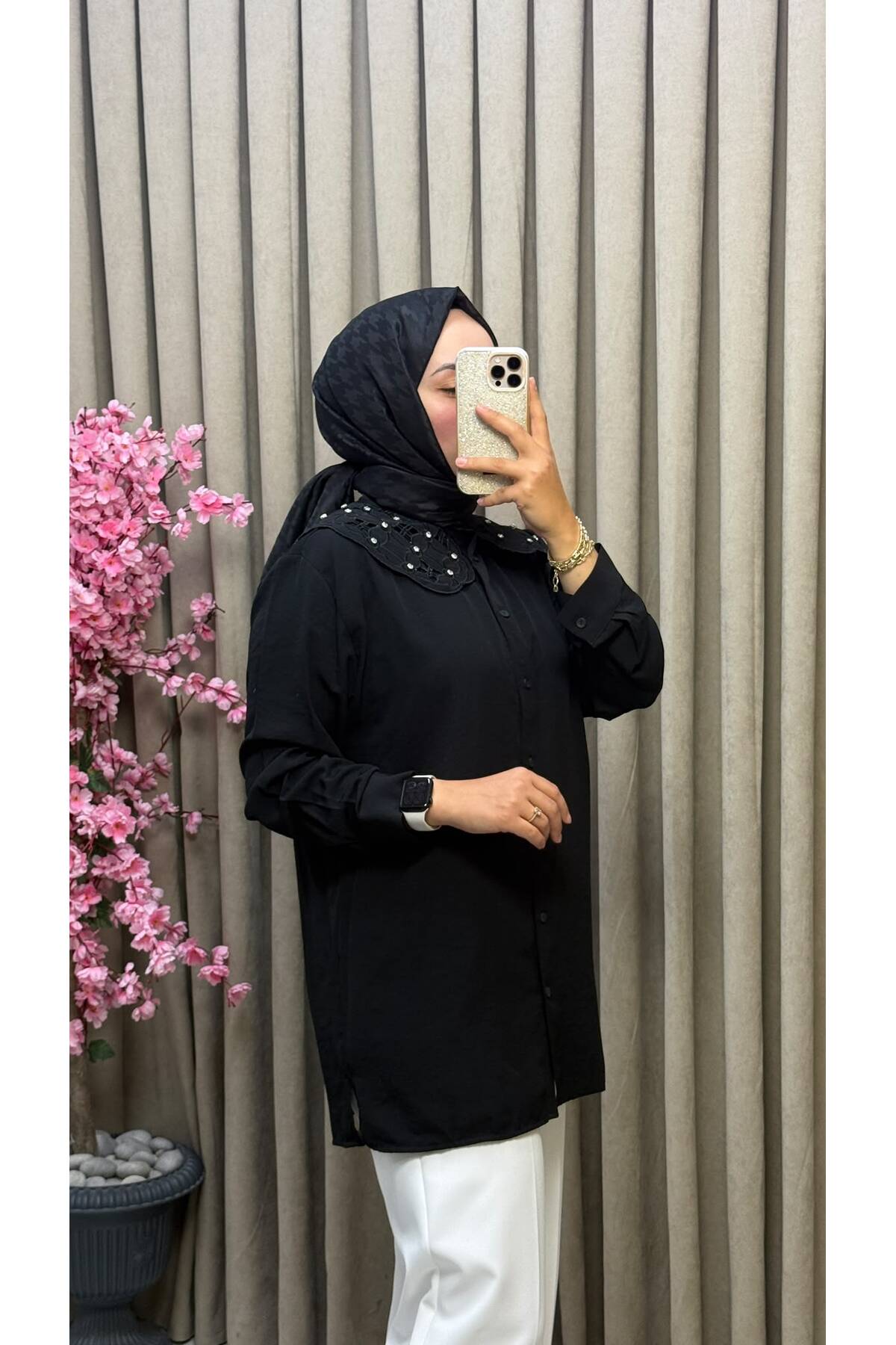 Geniş Bebe Yaka İşlemeli Tunik / Gömlek - Siyah / S/M