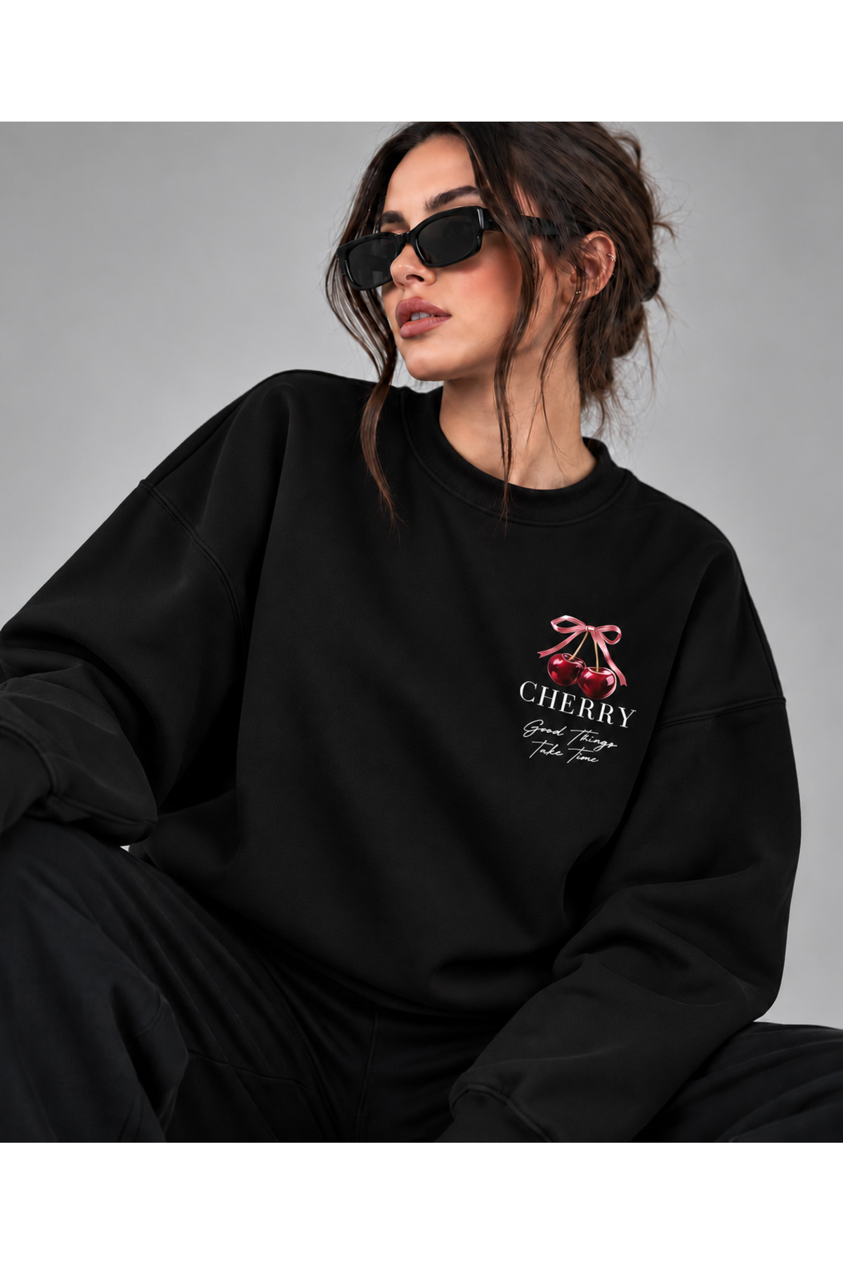 Unisex Kadın/Erkek CHERRY SWEATSHIRT Renkli Baskısız Oversize Bisiklet Yaka Pamuklu Sweatshirt — مشکی CHERRYSWEATSHIRT-MAVİSS- — تصویر 2 از 3