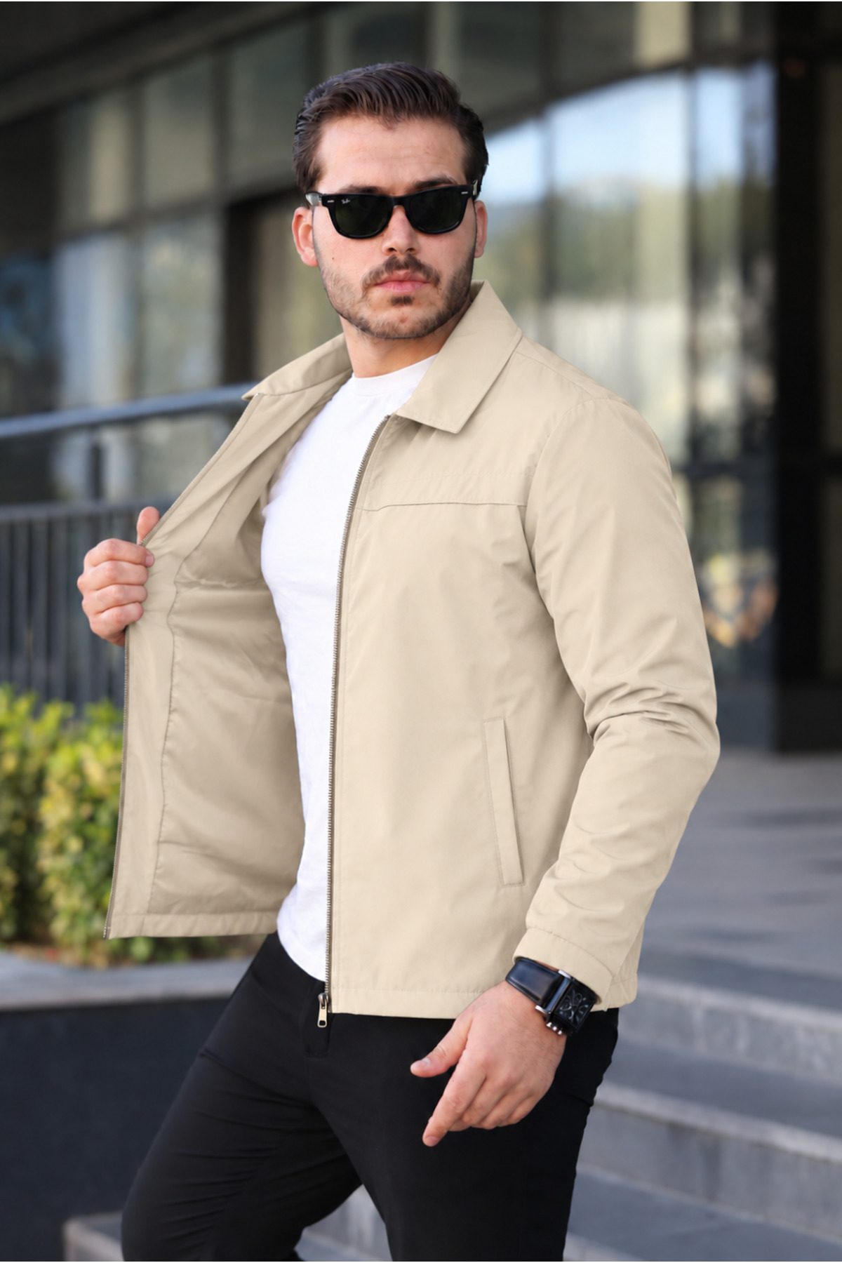 کاپشن و بارانی مردانه کرم رنگ با جیب و جزئیات دوخت — کرم E0210-19 — تصویر 2 از 6