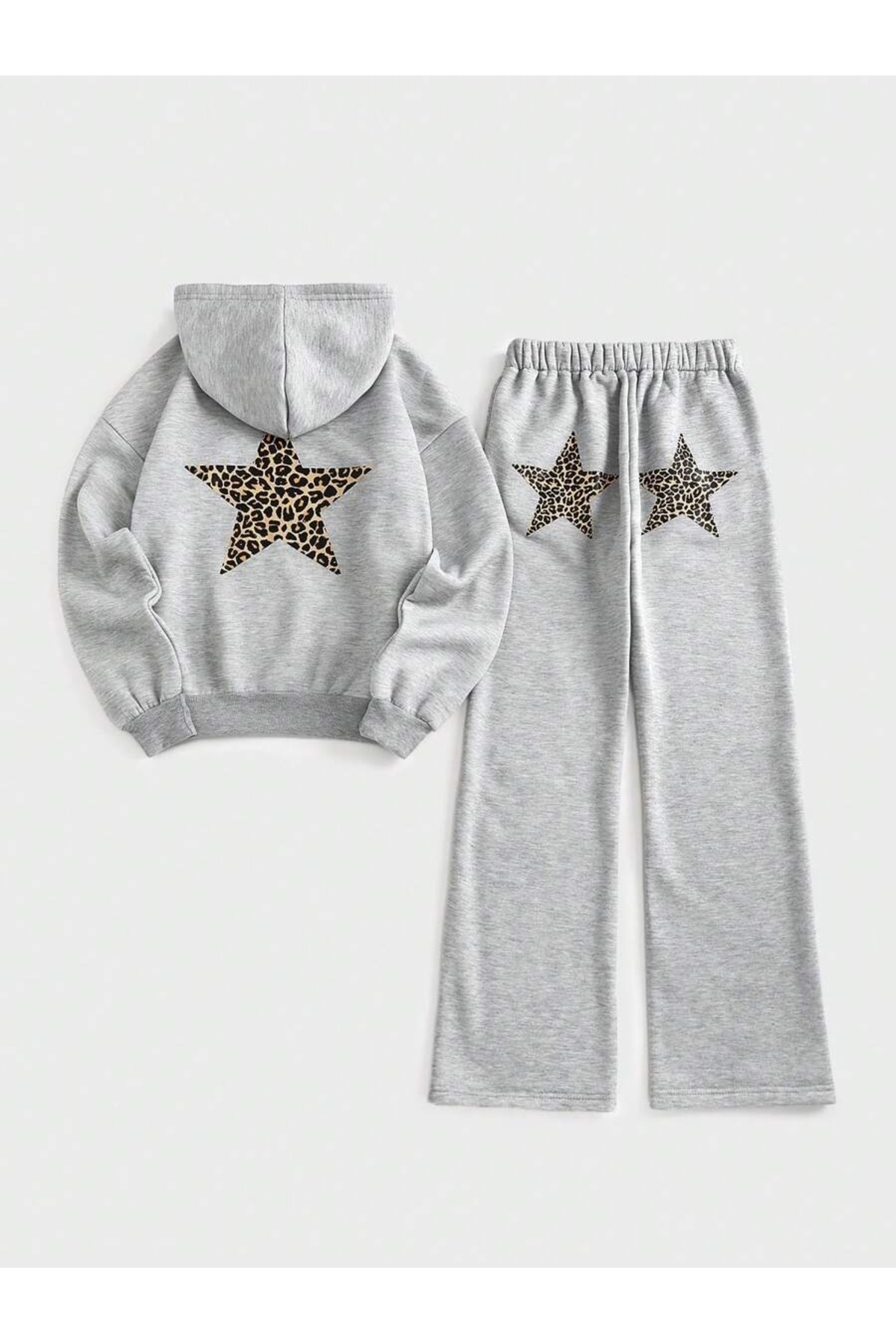 Unisex Gri Leoparlı Yıldız Sırt Baskılı Kapşonlu Baggy Eşofman Takımı Baskılı Premium Oversize T-shirt — خاکستری baggytakım-8B-1789754390677