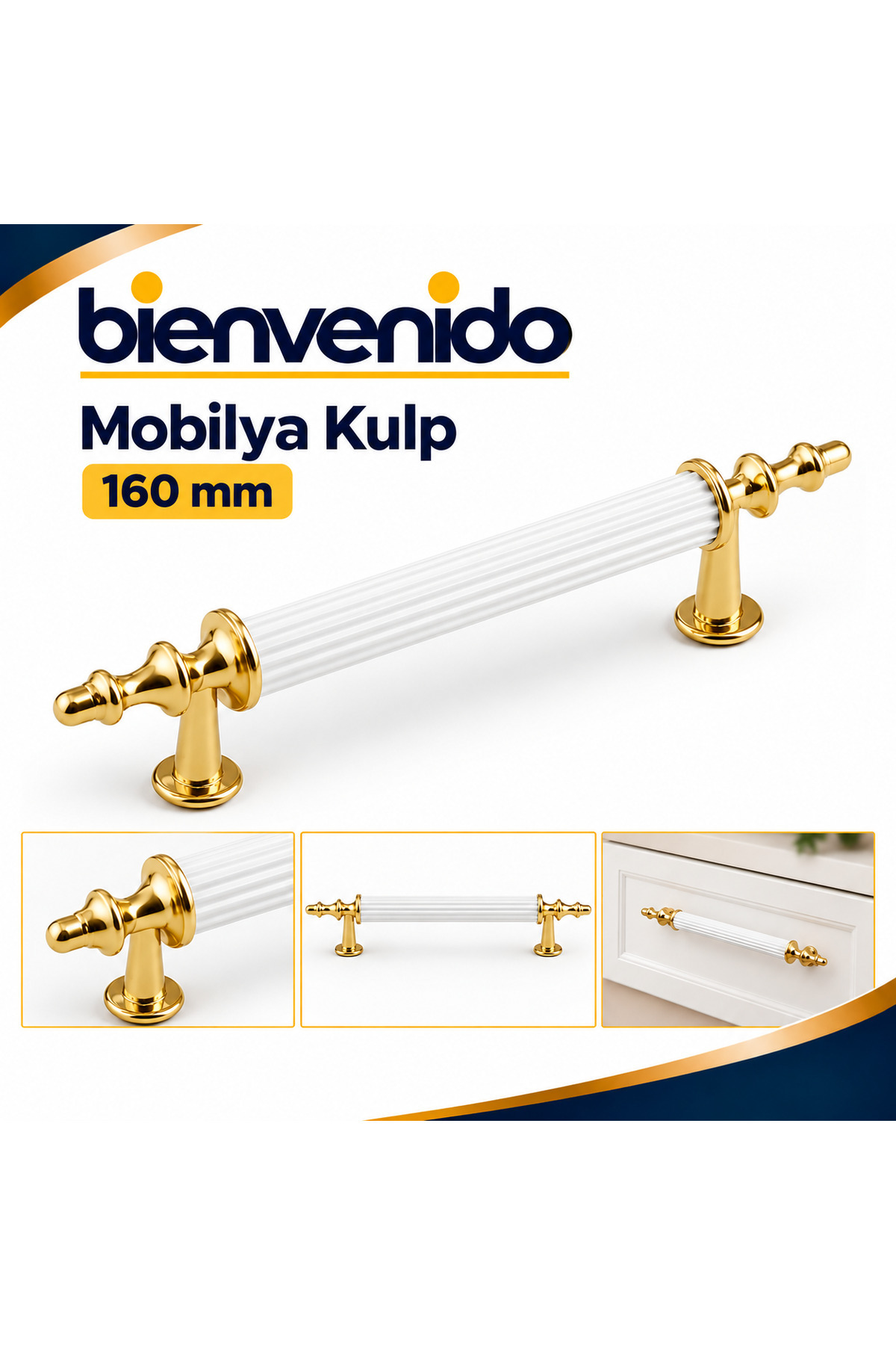 Beyaz Gold Metal Kulp 160 mm Dayanıklı Mobilya Kulbu, Dolap Çekmece için Modern Dekoratif Tasarım