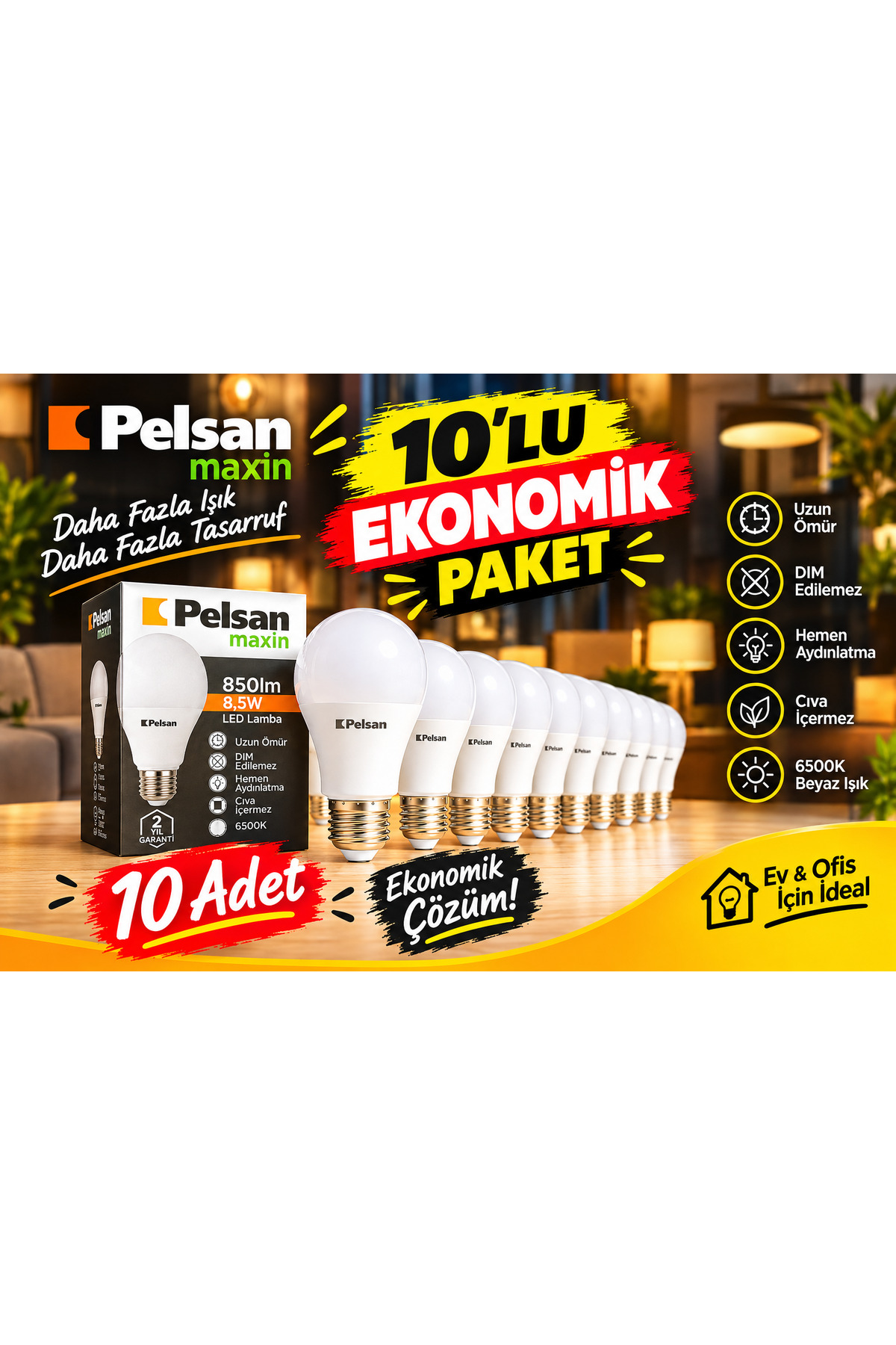 PELSAN ELEKTRİK Pelsan LED Lamba 6500K Beyaz Işık 10'LU EKONOMİK PAKET