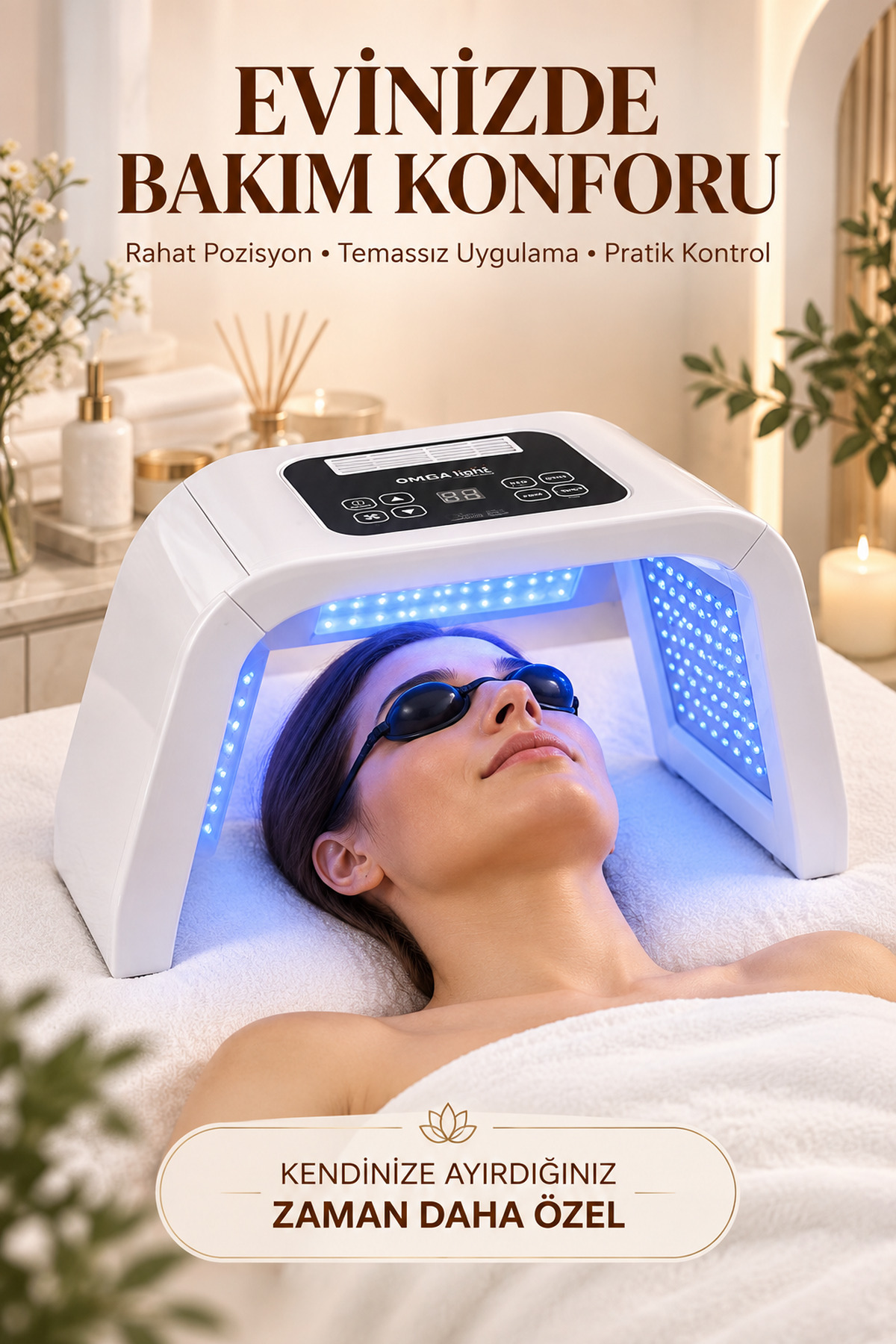 Omega Light Profesyonel LED Işık Terapi Cihazı, Yüz ve Cilt Bakım Maskesi, Kırmızı Mavi Işık, Akne Leke Kırışıklık Bakımı, Fototerapi, Koruyucu Gözlük ve Adaptör Dahil — سفید DF-LM03 — تصویر 7 از 8