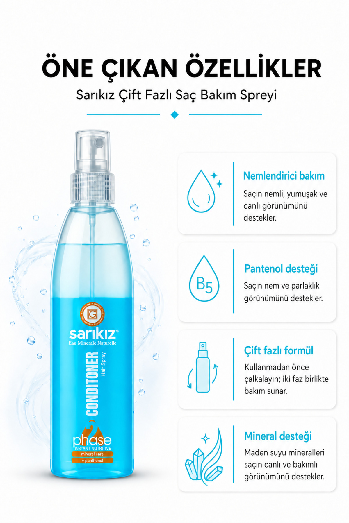 Çift Fazlı Fön Suyu Saç Bakım Spreyi – Elektriklenme Karşıtı, Kolay Tarama ve Parlaklık | 400 ml — 0001conditioner-mavisarıkız — تصویر 2 از 3