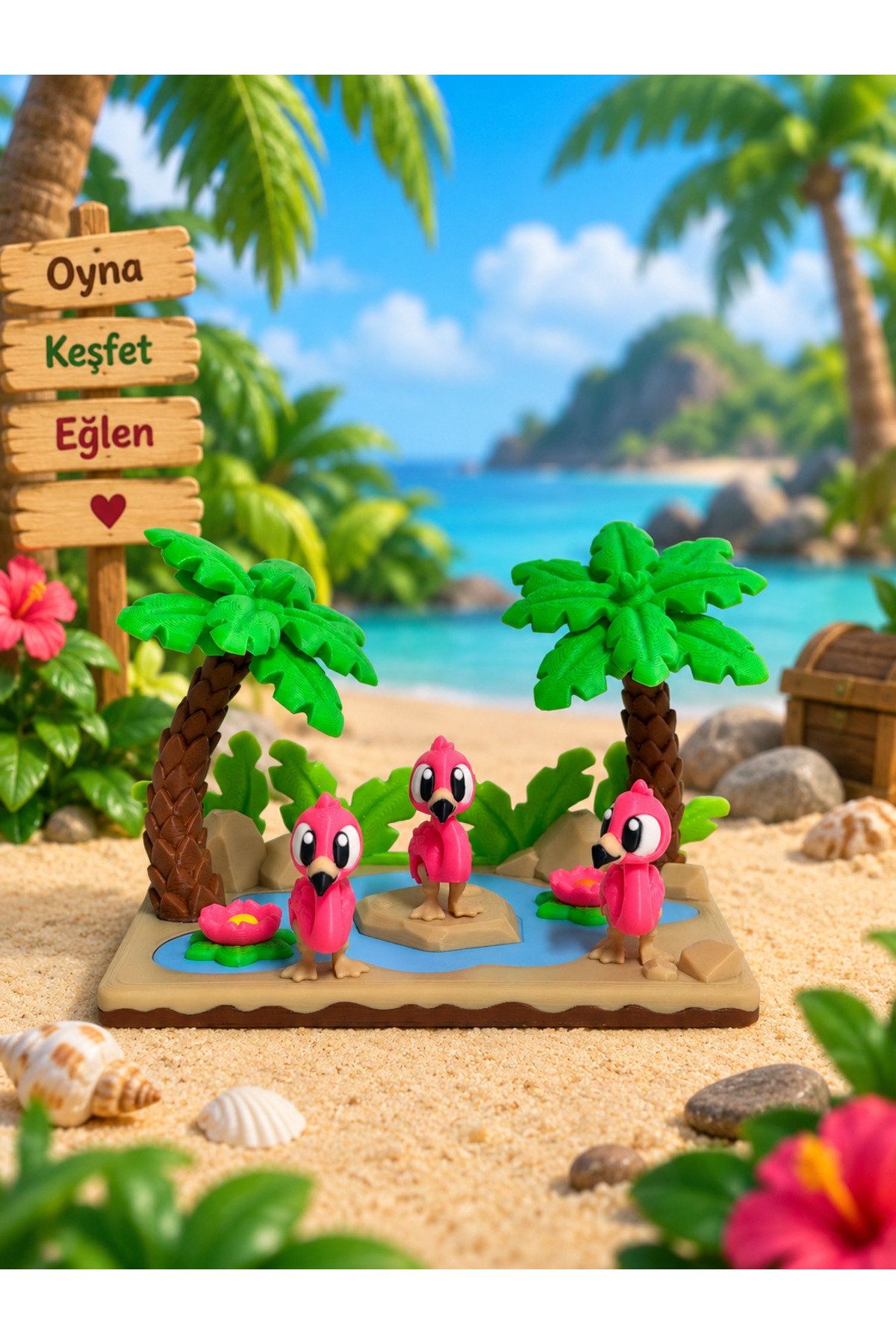 MİNİKOM`S Minikom Flamingo Adası Oyun Seti – 3 Flamingo Figürlü Tropikal Ada Seti