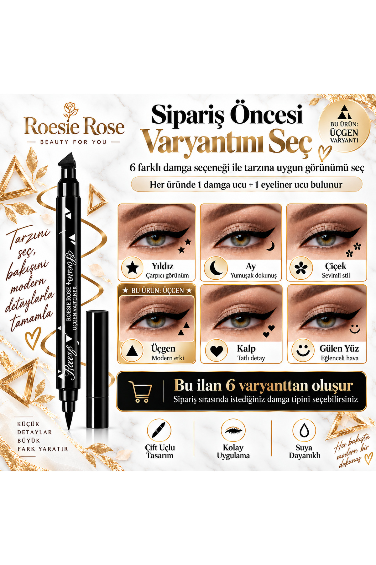Çift Uçlu Üçgen Damgalı Eyeliner Siyah İnce Uçlu Stamp Makyaj Kalemi — مشکی 365279 — تصویر 8 از 8