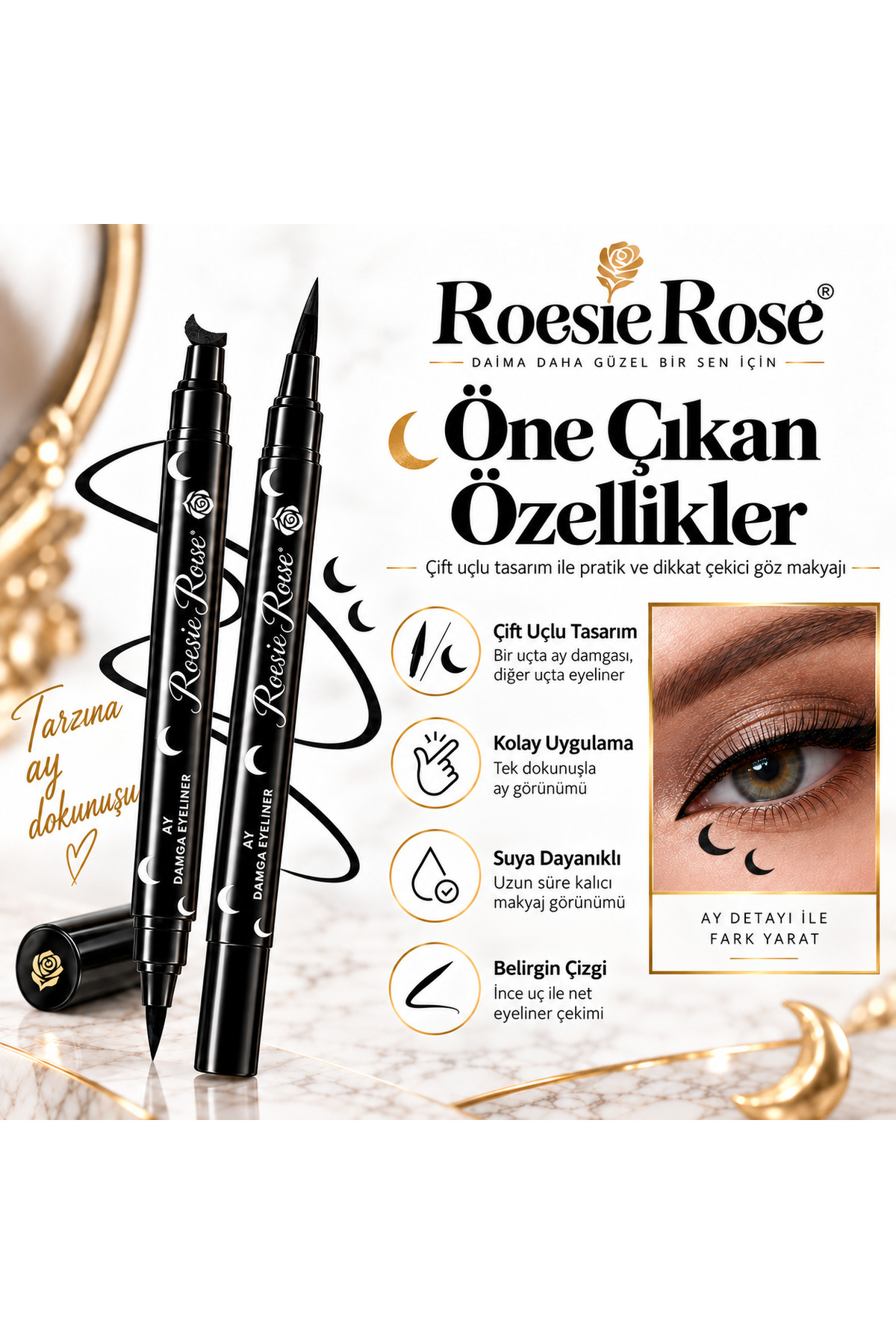 Çift Uçlu Ay Damgalı Eyeliner Siyah İnce Uçlu Stamp Makyaj Kalemi — مشکی 365279 — تصویر 4 از 8