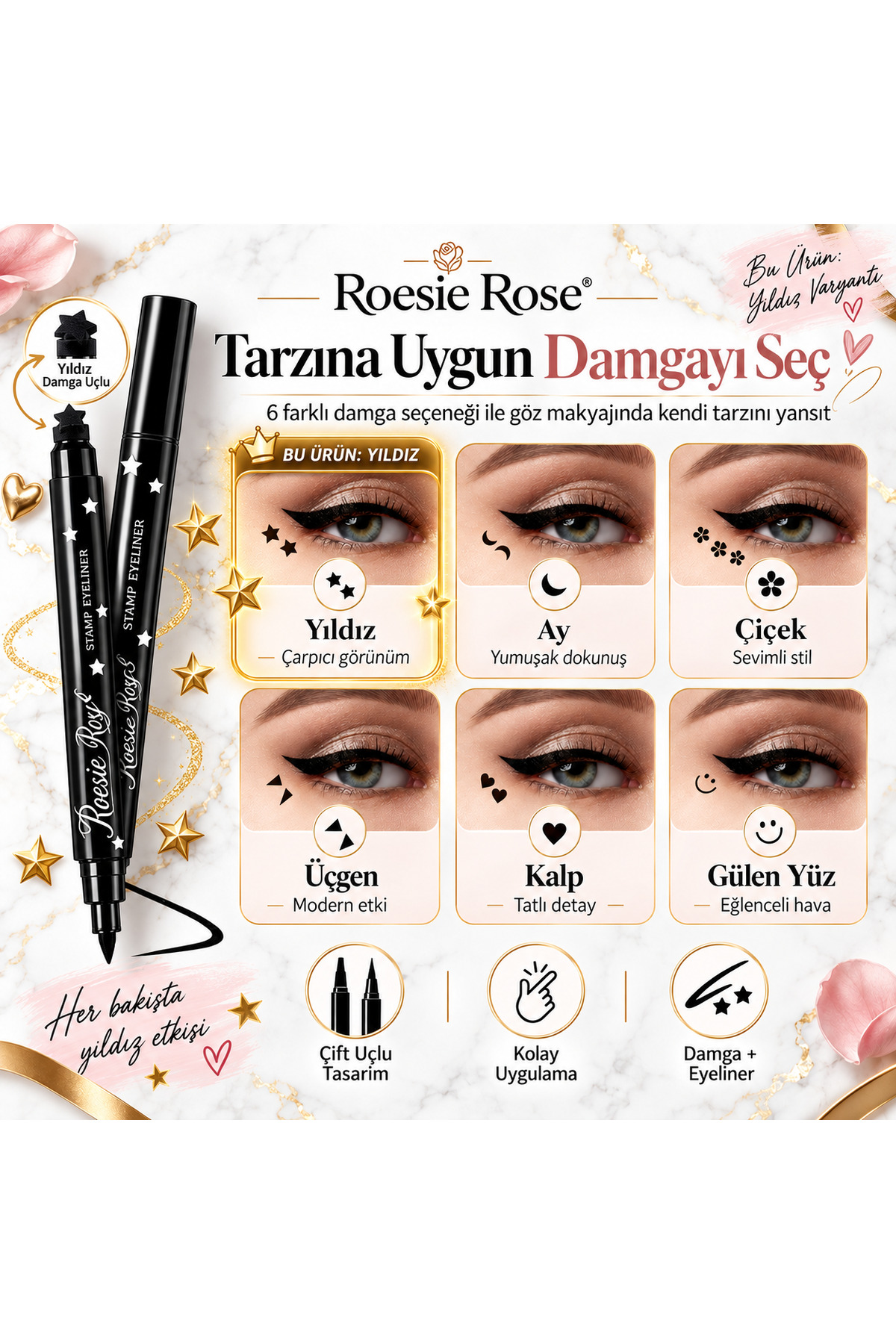 Çift Uçlu Yıldız Damgalı Eyeliner Siyah İnce Uçlu Stamp Makyaj Kalemi — مشکی 365279 — تصویر 7 از 8