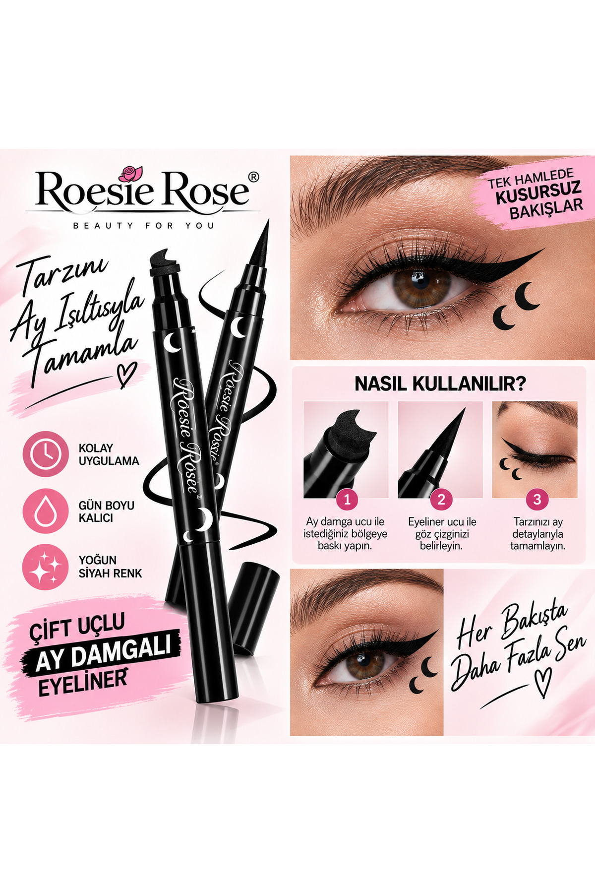 Çift Uçlu Ay Damgalı Eyeliner Siyah İnce Uçlu Stamp Makyaj Kalemi — مشکی 365279 — تصویر 5 از 8