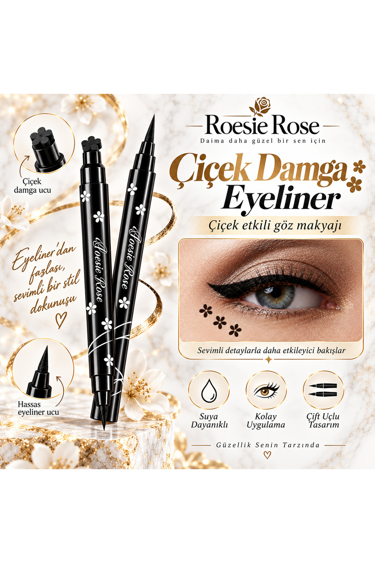 Çift Uçlu Çiçek Damgalı Eyeliner Siyah İnce Uçlu Stamp Makyaj Kalemi — مشکی 365279 — تصویر 3 از 8
