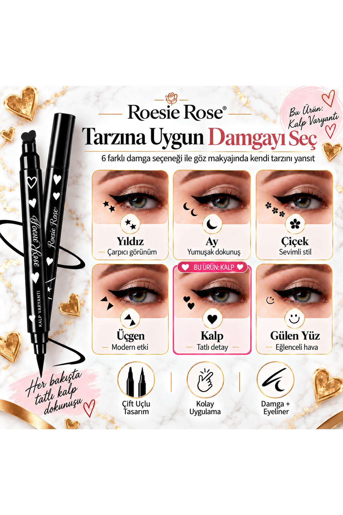 Çift Uçlu Kalp Damgalı Eyeliner Siyah İnce Uçlu Stamp Makyaj Kalemi — مشکی 365279 — تصویر 7 از 8