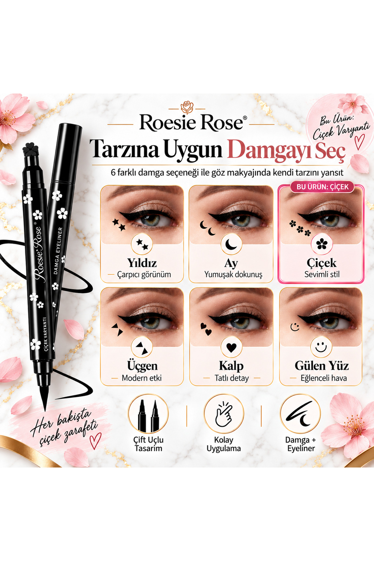 Çift Uçlu Çiçek Damgalı Eyeliner Siyah İnce Uçlu Stamp Makyaj Kalemi — مشکی 365279 — تصویر 7 از 8