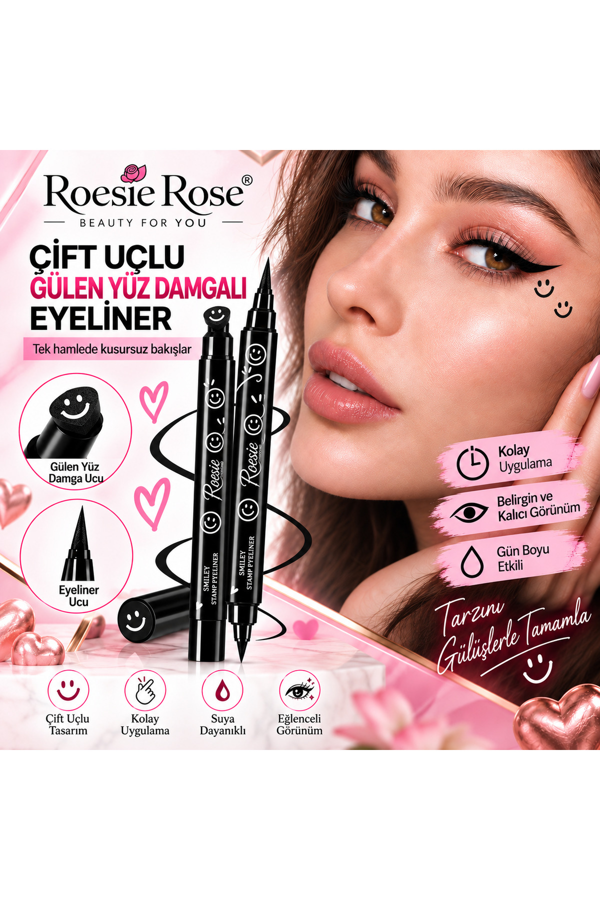 Çift Uçlu Gülen Yüz Damgalı Eyeliner Siyah İnce Uçlu Stamp Makyaj Kalemi — مشکی 365279