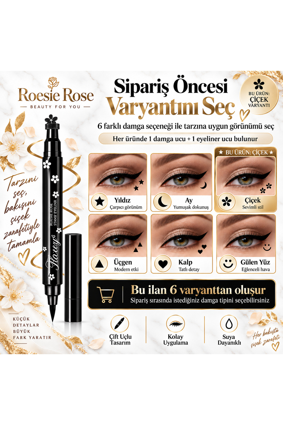 Çift Uçlu Çiçek Damgalı Eyeliner Siyah İnce Uçlu Stamp Makyaj Kalemi — مشکی 365279 — تصویر 8 از 8