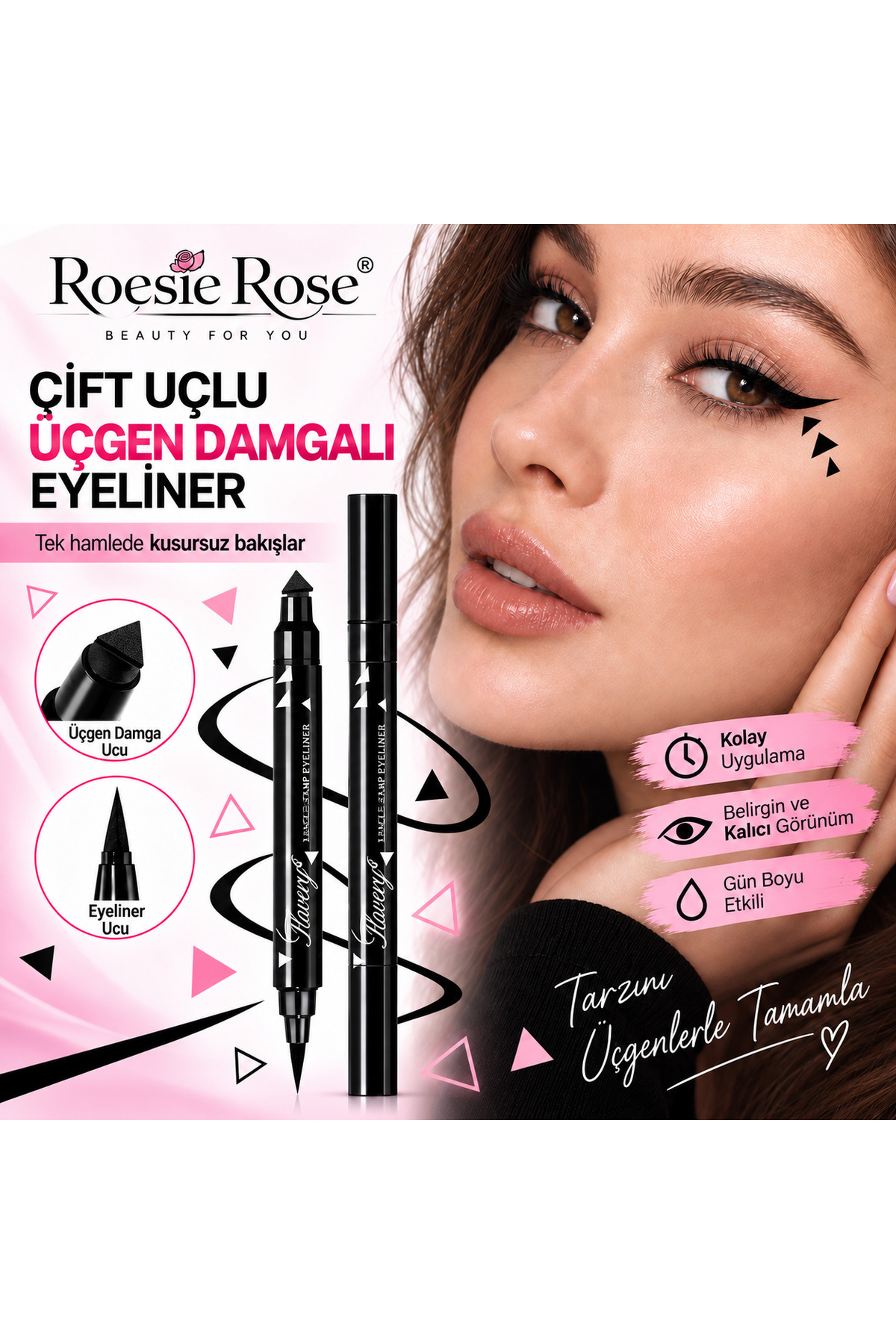 Çift Uçlu Üçgen Damgalı Eyeliner Siyah İnce Uçlu Stamp Makyaj Kalemi — مشکی 365279