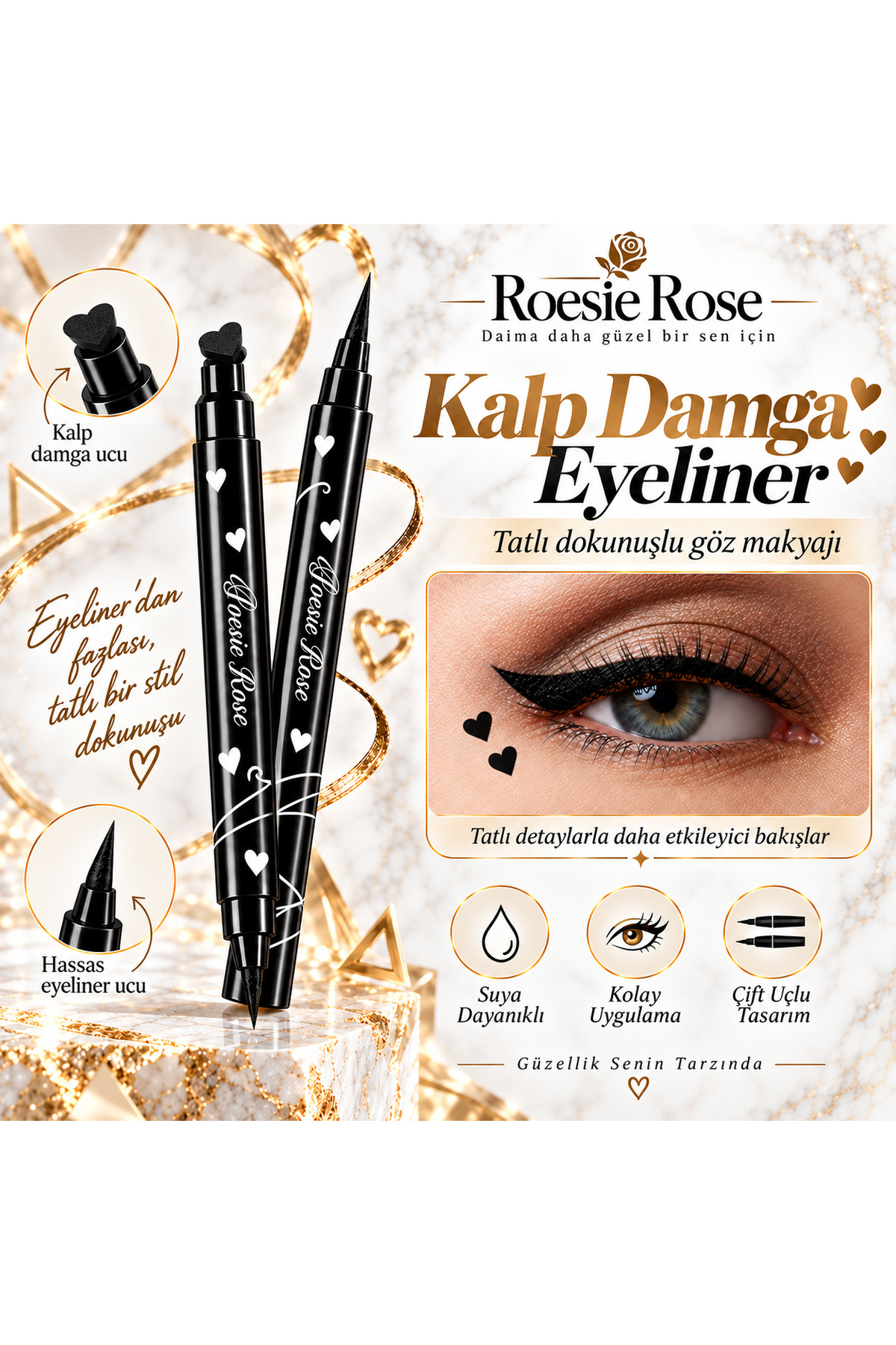 Çift Uçlu Kalp Damgalı Eyeliner Siyah İnce Uçlu Stamp Makyaj Kalemi — مشکی 365279 — تصویر 3 از 8