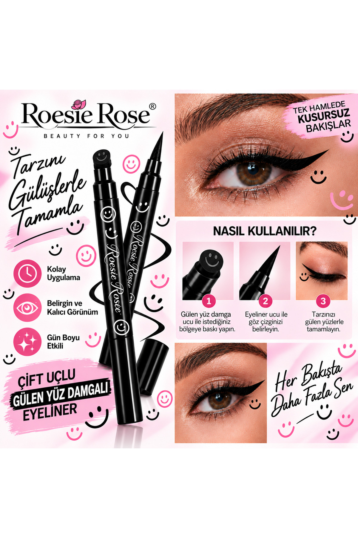 Çift Uçlu Gülen Yüz Damgalı Eyeliner Siyah İnce Uçlu Stamp Makyaj Kalemi — مشکی 365279 — تصویر 5 از 8