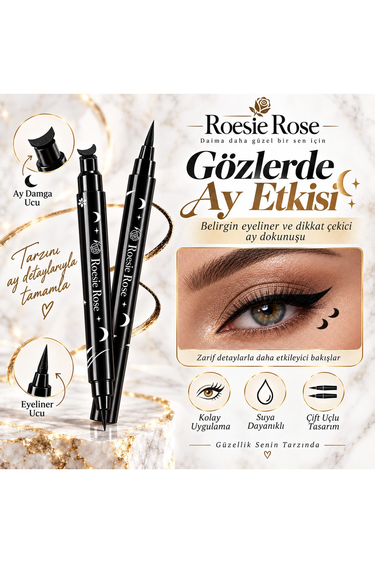 Çift Uçlu Ay Damgalı Eyeliner Siyah İnce Uçlu Stamp Makyaj Kalemi — مشکی 365279 — تصویر 2 از 8
