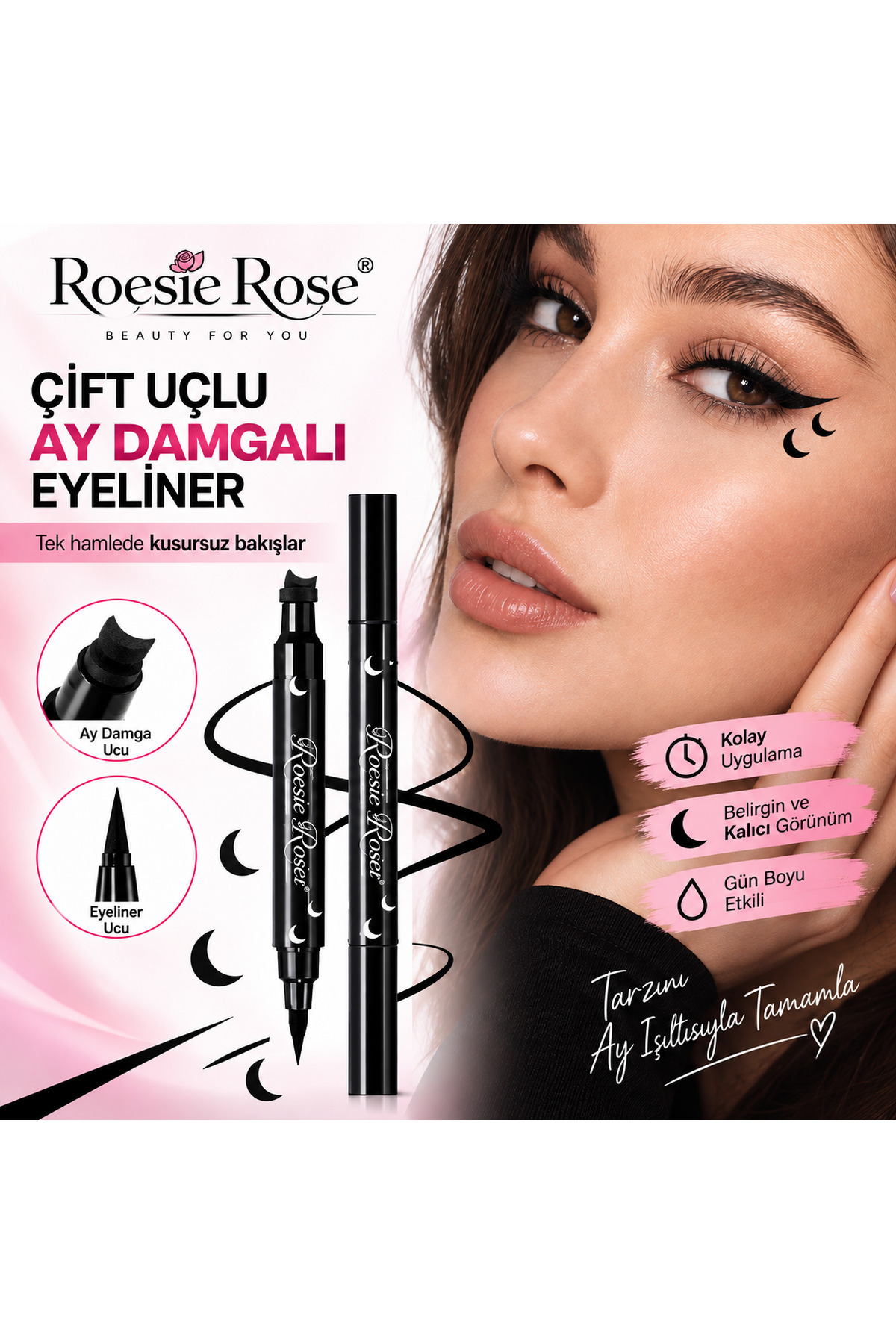 Çift Uçlu Ay Damgalı Eyeliner Siyah İnce Uçlu Stamp Makyaj Kalemi — مشکی 365279
