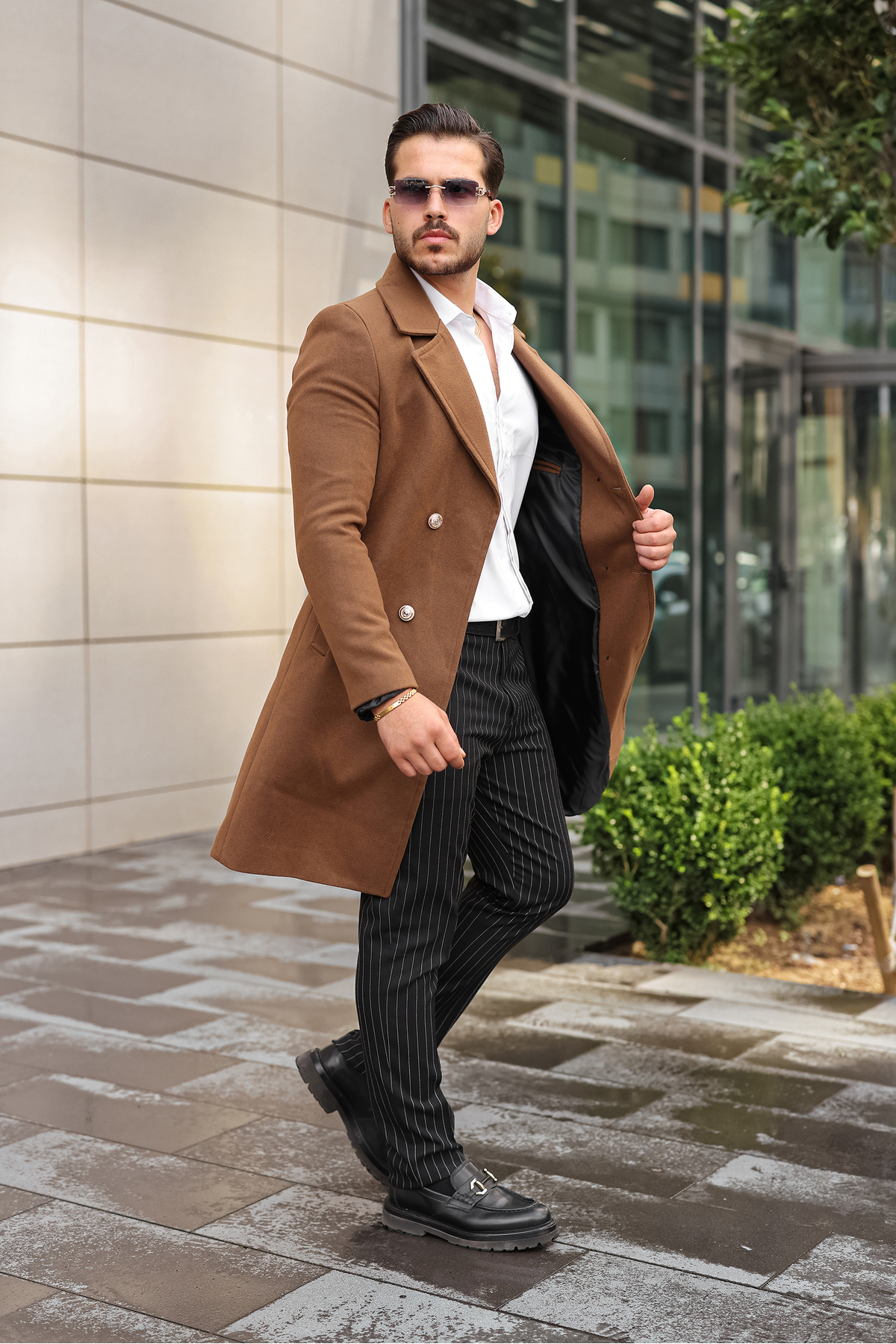 Taba Erkek Gold Düğmeli Kemerli Kruvaze Kaşe Palto — قهوه‌ای 2507-GD — تصویر 3 از 4