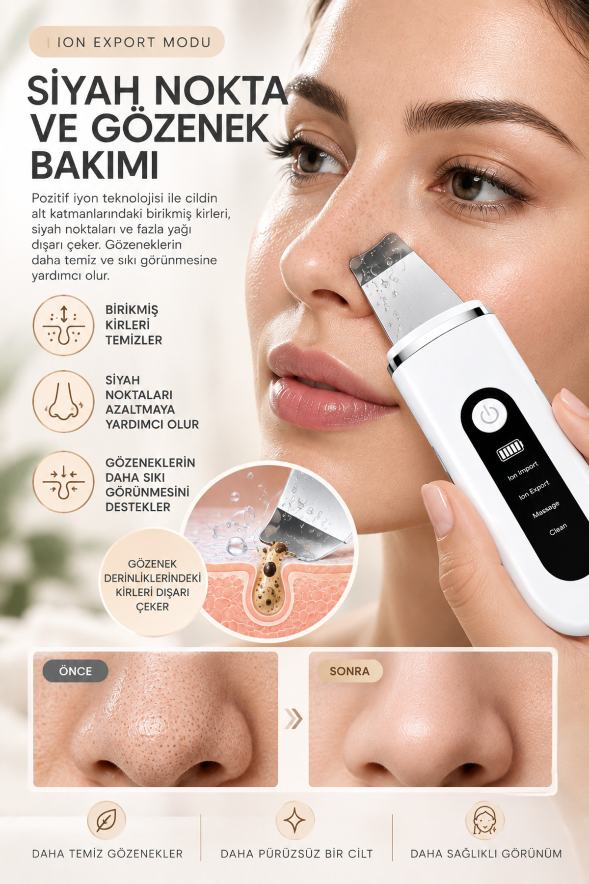 Auhma AHB-13 Ultrasonik Cilt Temizleme ve Yüz Bakım Cihazı – 4 Modlu İyon Teknolojili Cilt Spatulası, Siyah Nokta ve Gözenek Temizleyici, Masaj Modu, Yüz Masaj Aleti Spatula Yüz Temizleme — سفید ROBEVEAHB13 — تصویر 4 از 8