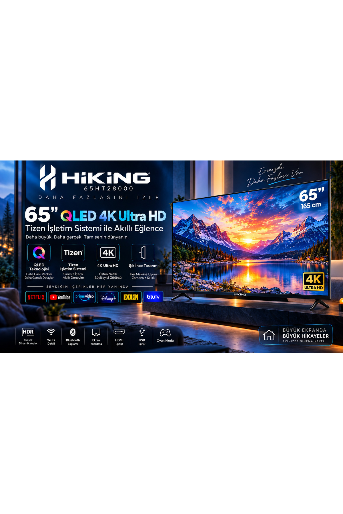 HİKİNG 65HT28000 65'' 4K Ultra HD QLED TizenOS Dahili Uydulu 2+1 Yıl Garantili TV Televizyon