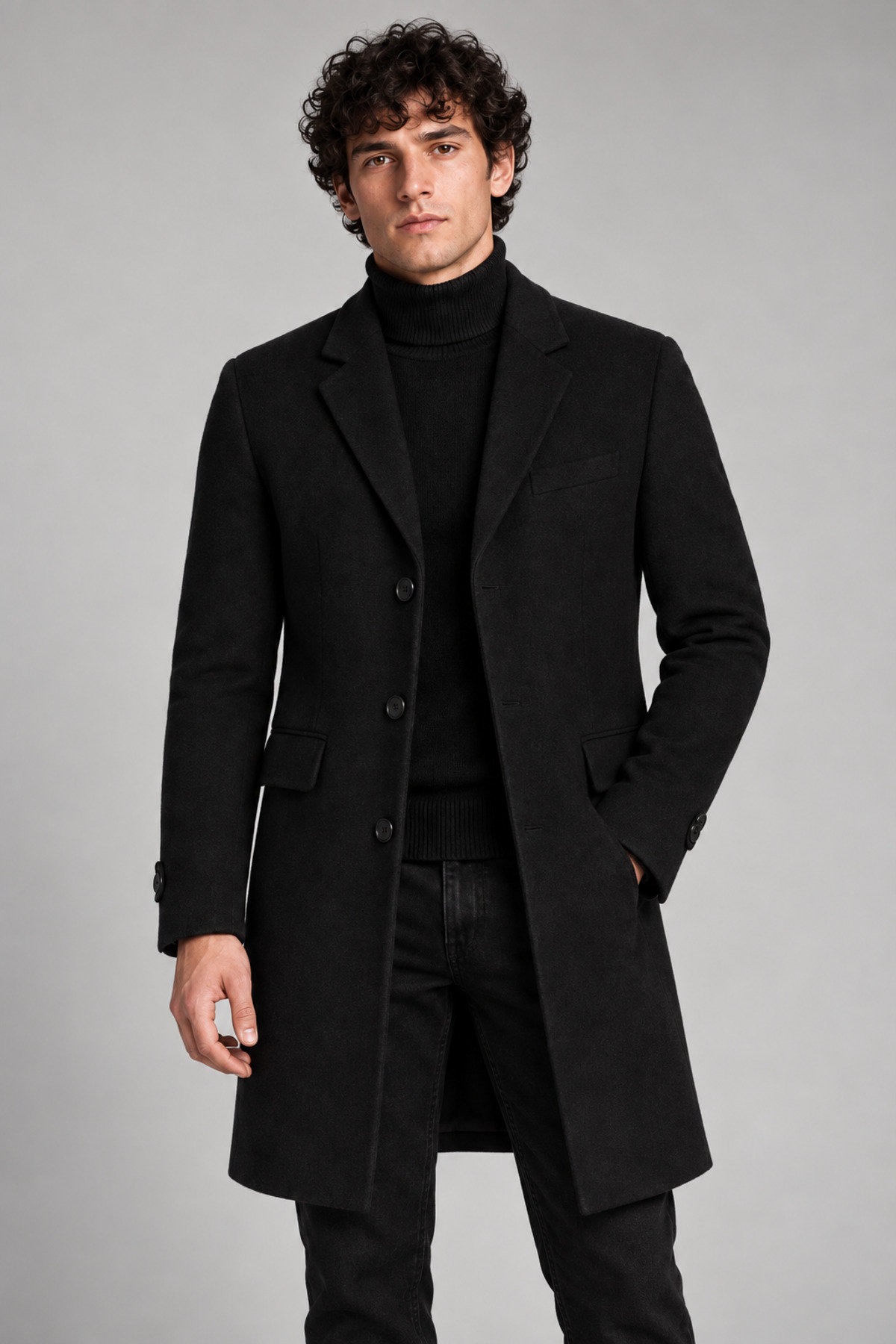 Erkek Siyah, Slim Fit Kaşe Kaban – Klasik Yaka 3 Düğmeli Uzun Kesim Kışlık Palto — مشکی RAE-513 — تصویر 2 از 4