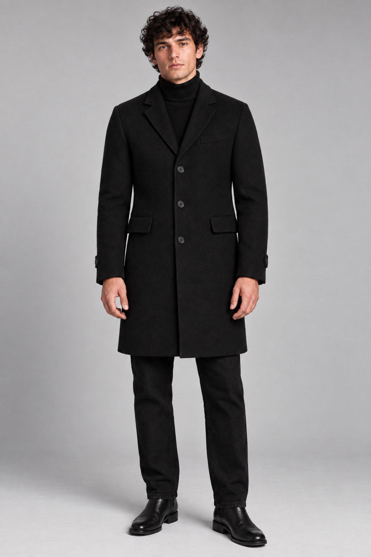 Erkek Siyah, Slim Fit Kaşe Kaban – Klasik Yaka 3 Düğmeli Uzun Kesim Kışlık Palto — مشکی RAE-513 — تصویر 3 از 4