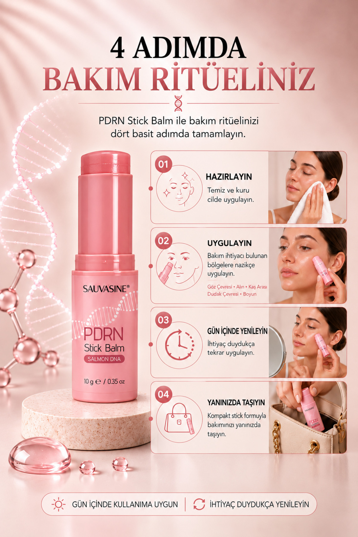 PDRN İçeren Stick Bakım Balmı 10 g | Hyaluronik Asit, Niacinamide, Kolajen ve Peptit İçeren Günlük Bakım Formülü — SAUPDRNS10 — تصویر 5 از 8