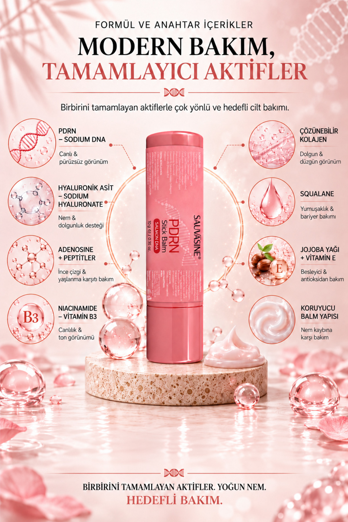 PDRN İçeren Stick Bakım Balmı 10 g | Hyaluronik Asit, Niacinamide, Kolajen ve Peptit İçeren Günlük Bakım Formülü — SAUPDRNS10 — تصویر 3 از 8