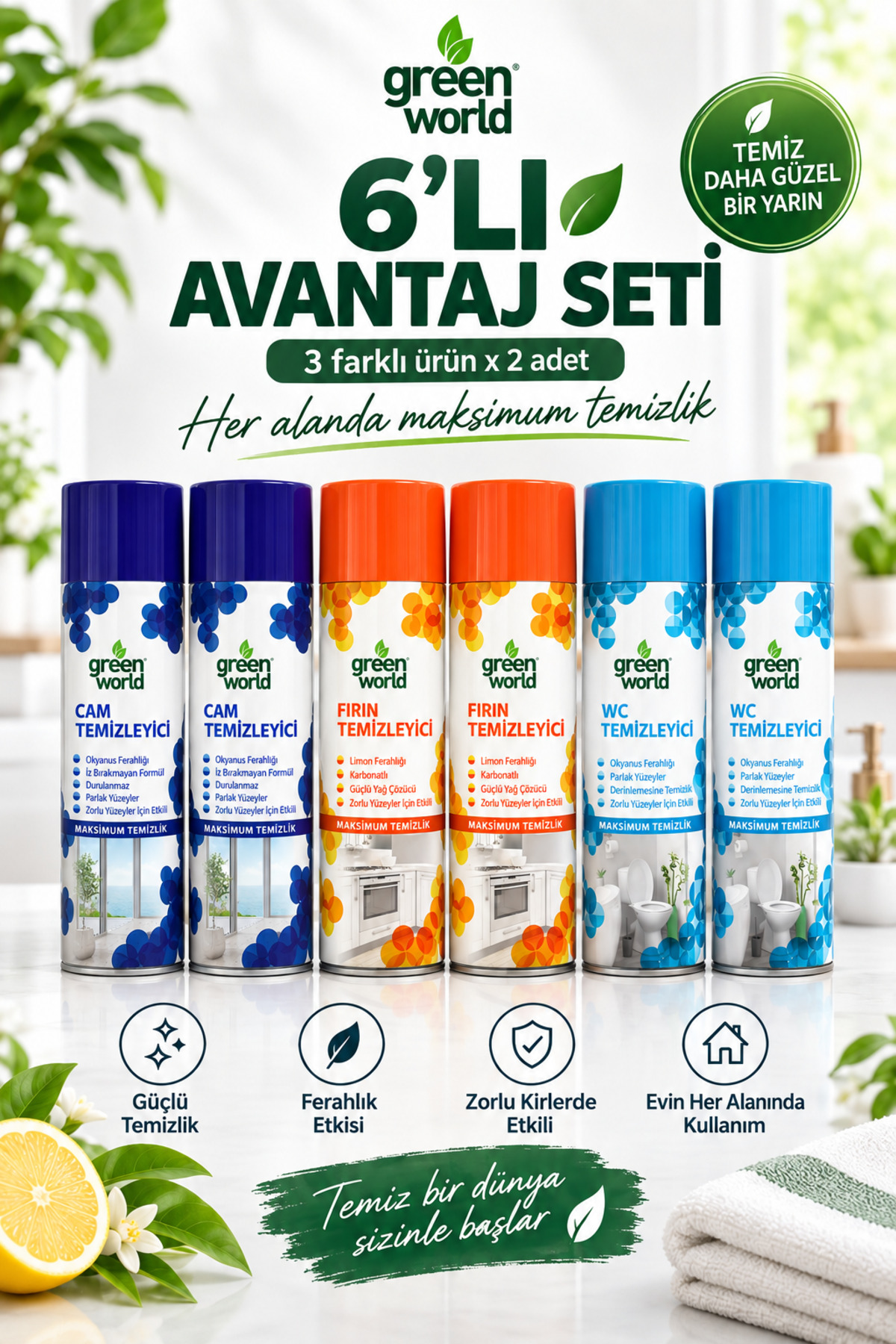 Green World 6’lı Avantaj Temizlik Seti – 2 Fırın + 2 Cam + 2 WC Temizleyici Köpük Sprey