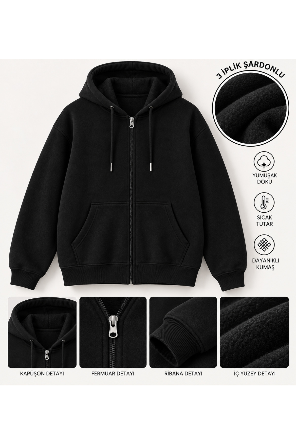 Erkek Siyah Üç İplik Fermuarlı Kapüşonlu Hırka – Oversize Kanguru Cepli Sweatshirt — مشکی ERK-UCIPLIK-HIRKA
