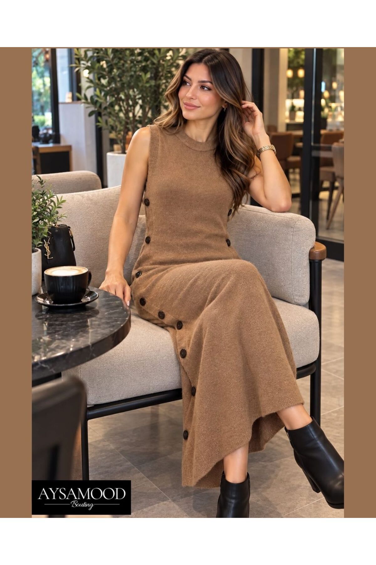 پیراهن بافتنی آستین‌دار زنانه یقه گرد با دکمه کناری و قد بلند