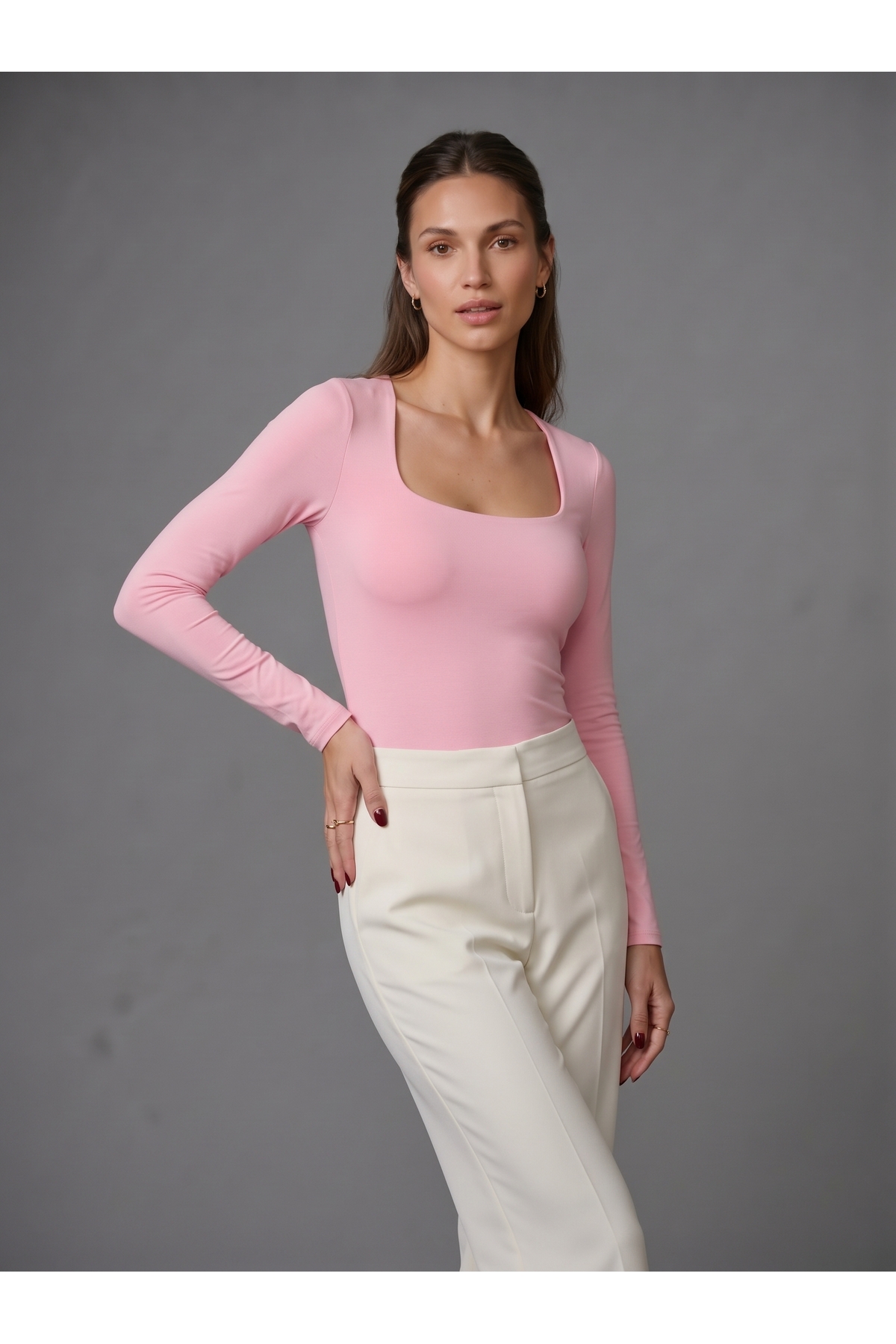 Kadın Uzun Kollu Kare Yaka Çıtçıtlı Slim Fit Esnek Bodysuit - Pembe 3