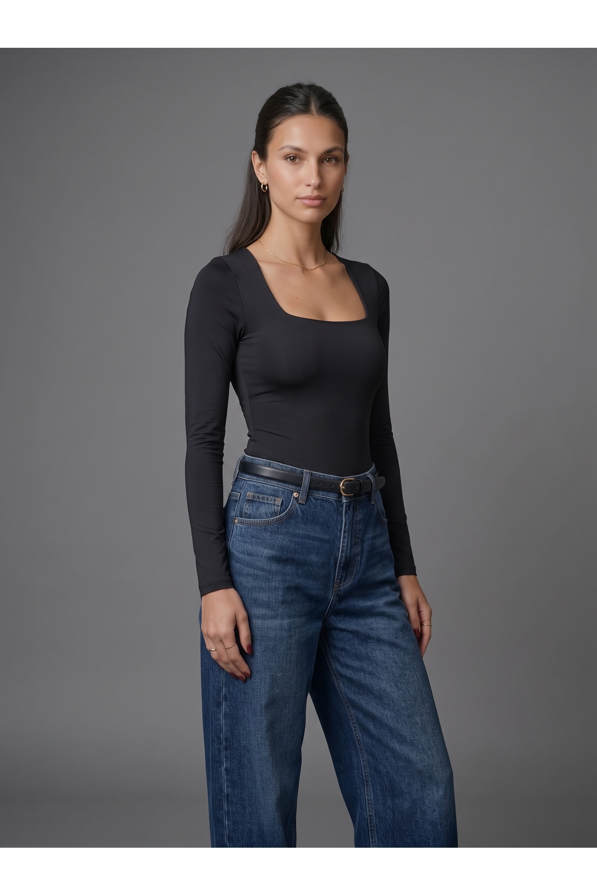 Kadın Uzun Kollu Kare Yaka Çıtçıtlı Slim Fit Esnek Bodysuit - Siyah 3