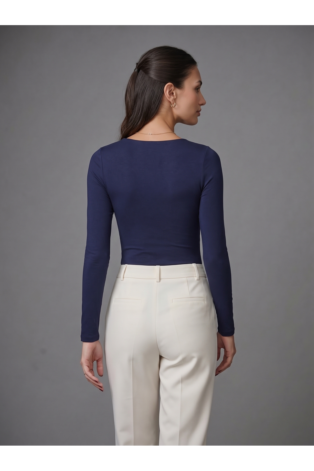 Kadın Uzun Kollu Kare Yaka Çıtçıtlı Slim Fit Esnek Bodysuit - Lacivert 4