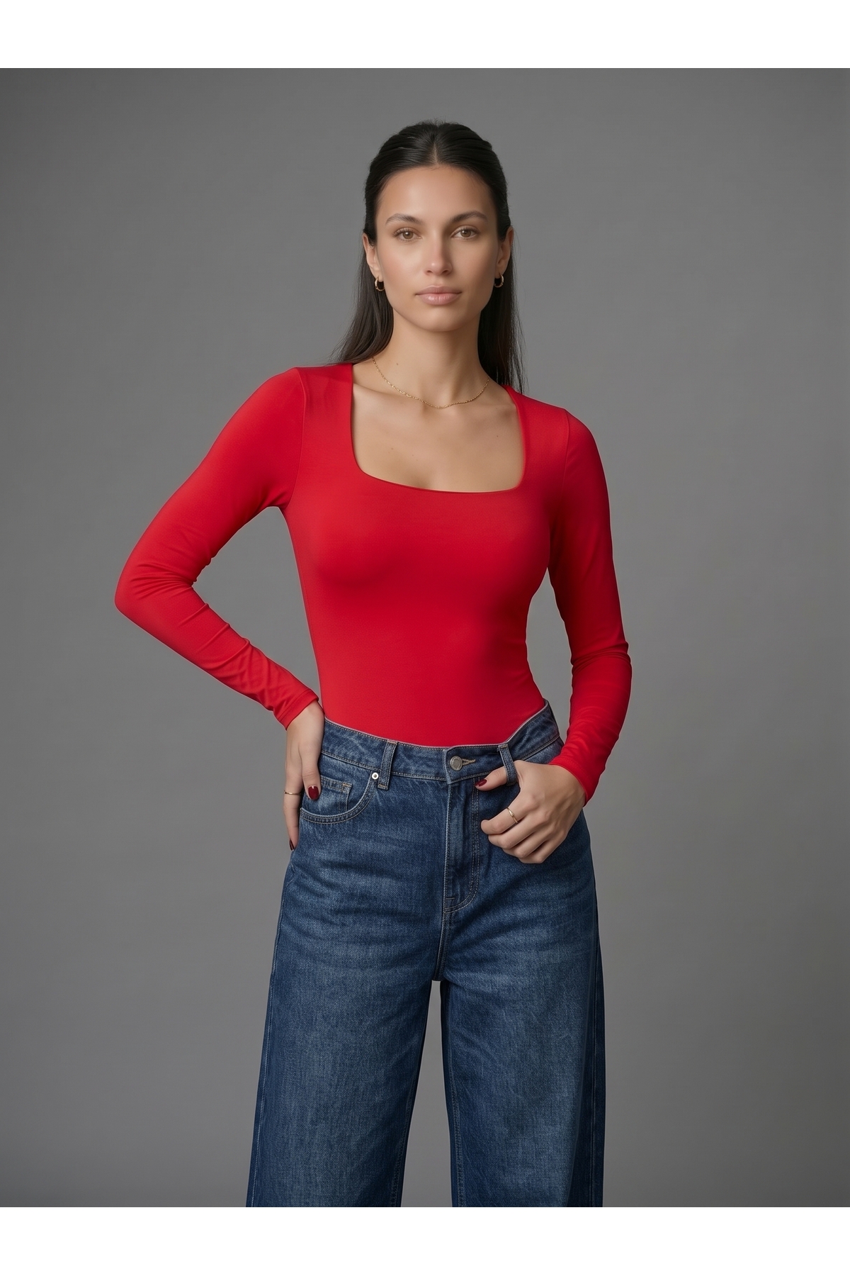Kadın Uzun Kollu Kare Yaka Çıtçıtlı Slim Fit Esnek Bodysuit - Kırmızı