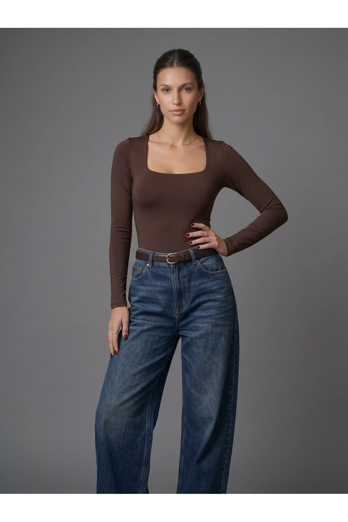 Kadın Uzun Kollu Kare Yaka Çıtçıtlı Slim Fit Esnek Bodysuit - Kahverengi 4