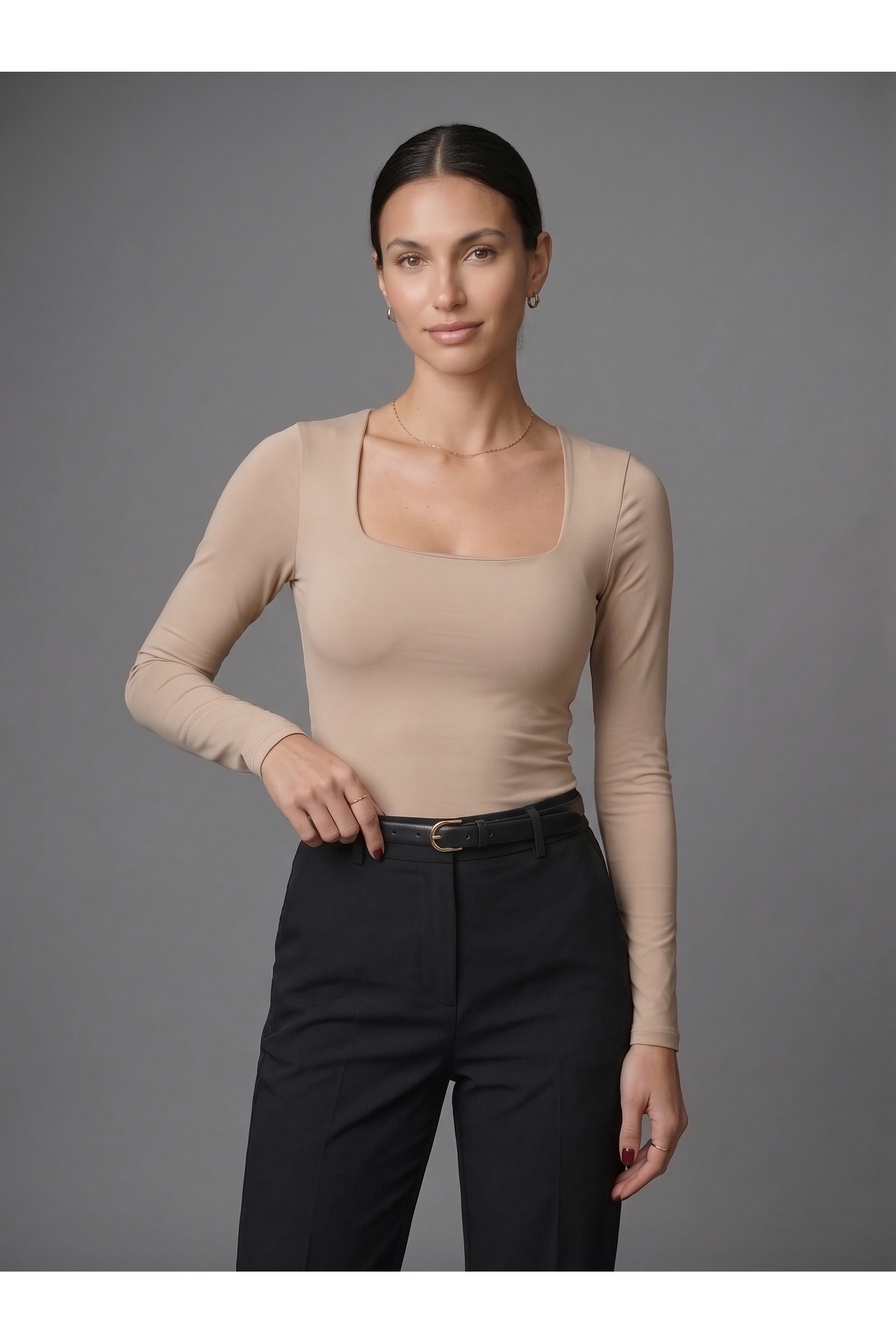 Kadın Uzun Kollu Kare Yaka Çıtçıtlı Slim Fit Esnek Bodysuit - Bej