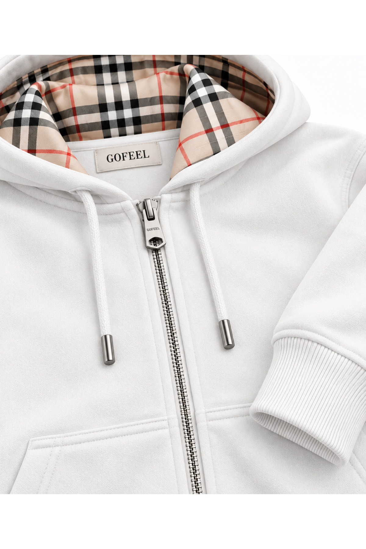 Ekose Kapüşonlu Fermuarlı Oversize Hırka Hoodie — سفید ekostuttu — تصویر 2 از 4
