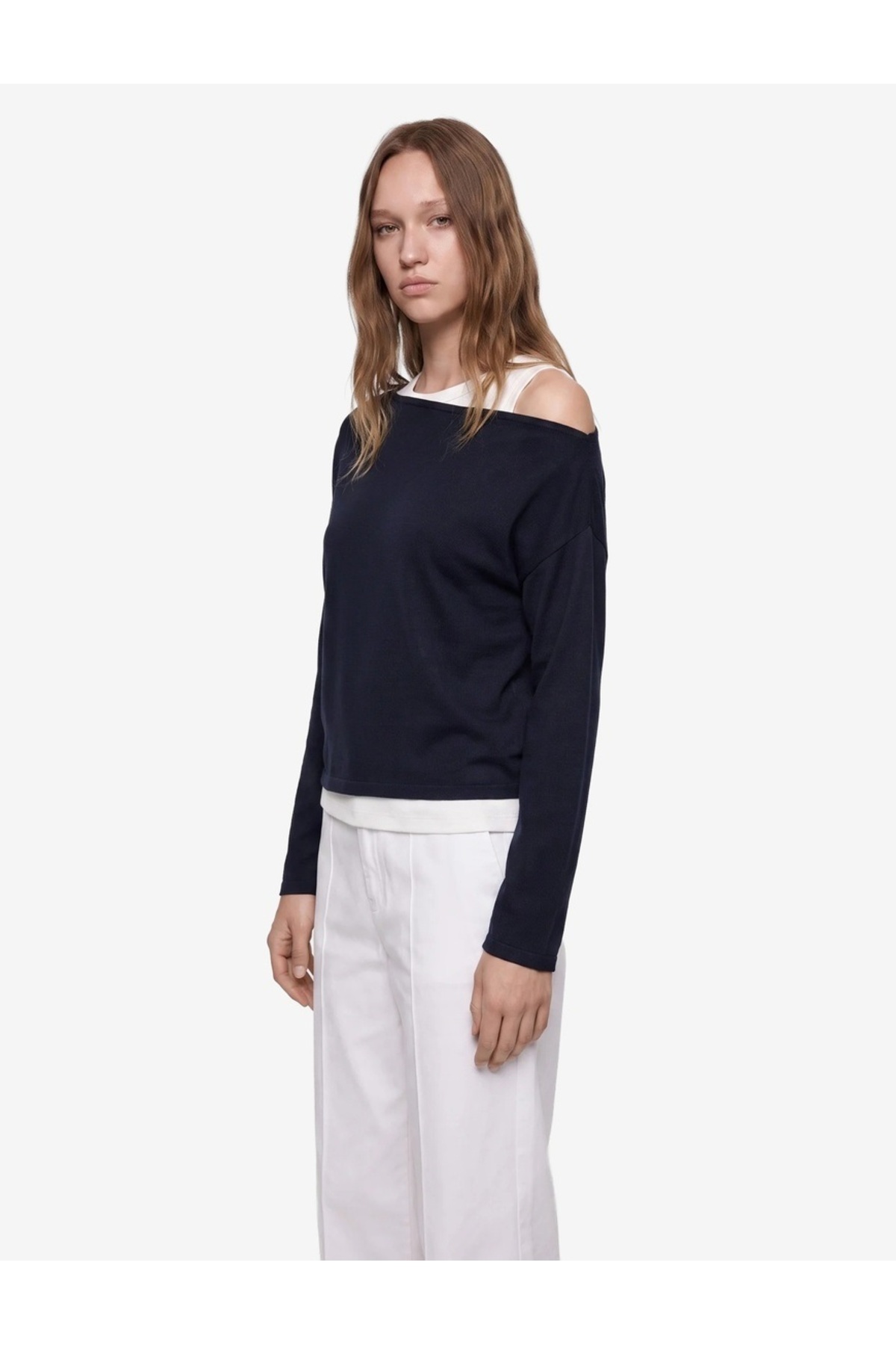 Slim Fit Viskon Karışımlı Asimetrik Yaka Uzun Kollu Katmanlı Tişört