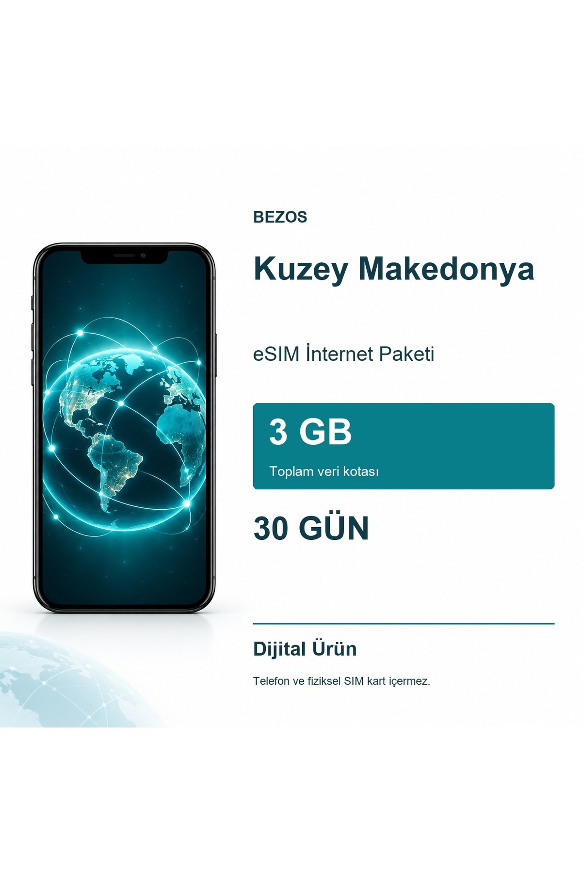 Bezos Kuzey Makedonya eSIM İnternet Paketi 3 GB 30 Gün
