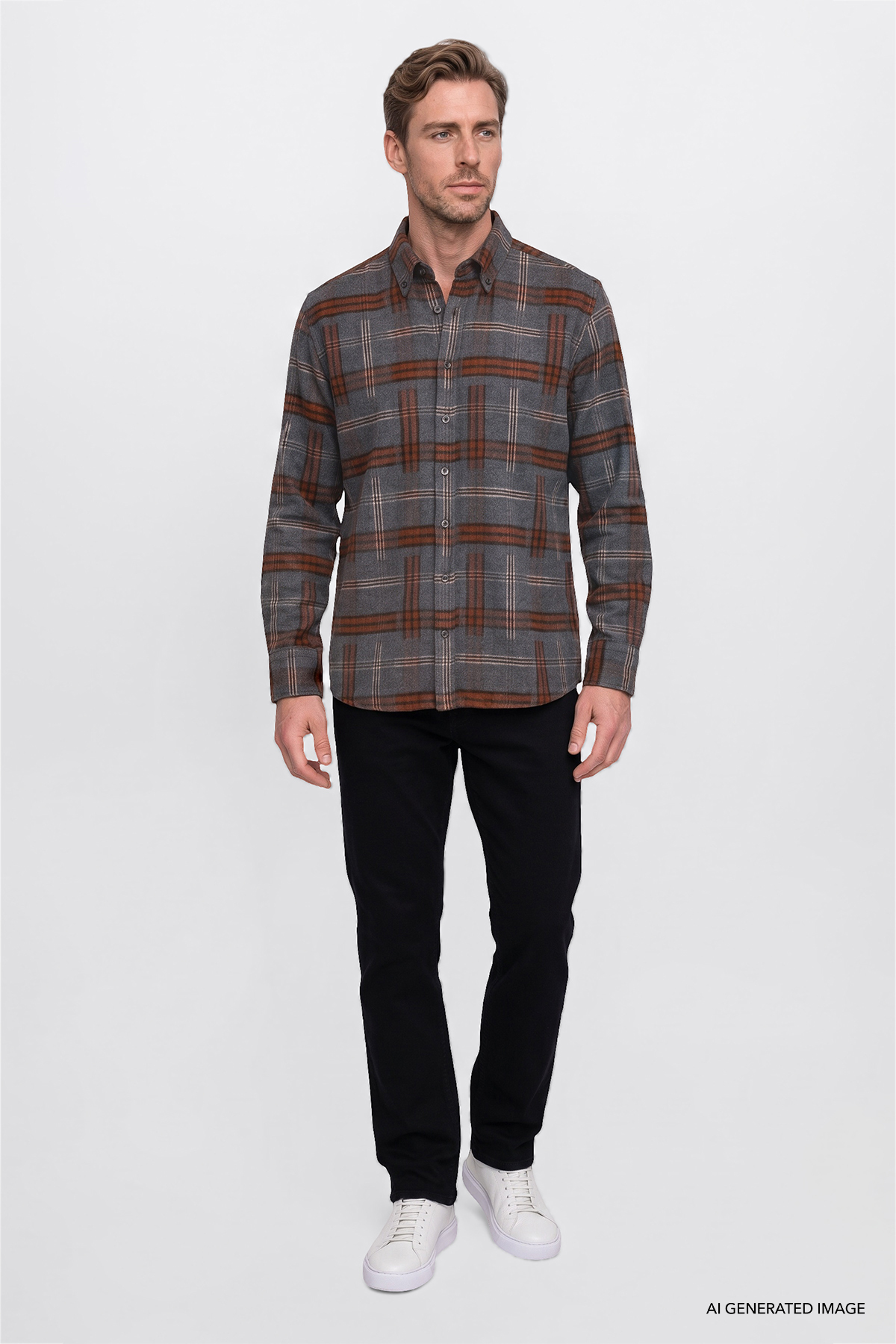 Erkek Antrasit-Bordo Oversize Fit Bol Kesim Gizli Düğmeli Yaka Ekose Desenli Flanel Gömlek — خاکستری ETE201271123 — تصویر 3 از 5